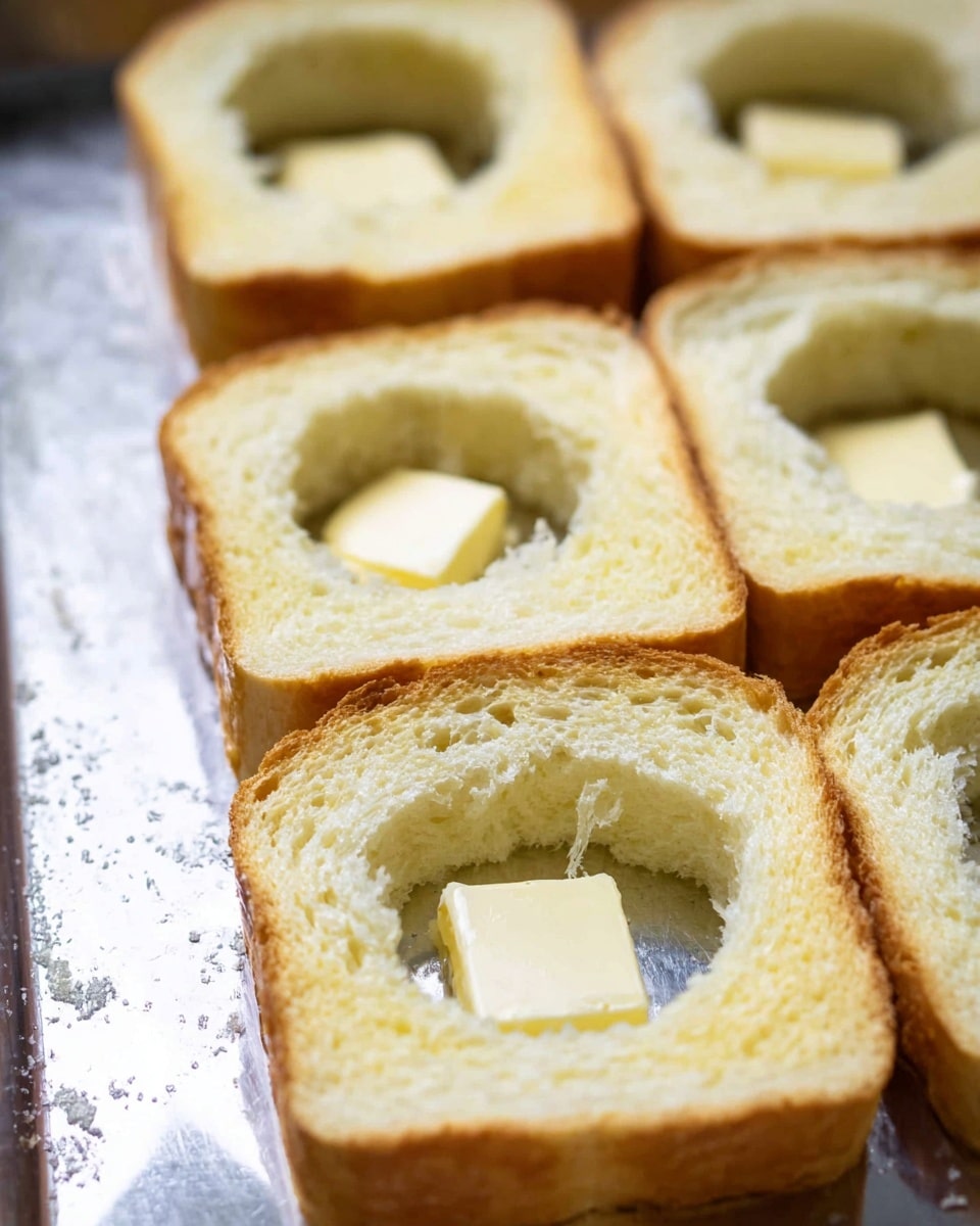 There are several slices of white bread with their centers cut out placed side by side on a baking tray with a metallic surface, each slice showing a small cube of butter inside the hollow center. The bread has a light golden crust and a soft pale yellow inner texture, while the butter cubes are creamy white. The image is focused up close on the bread slices, showing texture details like the porous bread and smooth butter on the metal tray. photo taken with an iphone --ar 4:5 --v 7