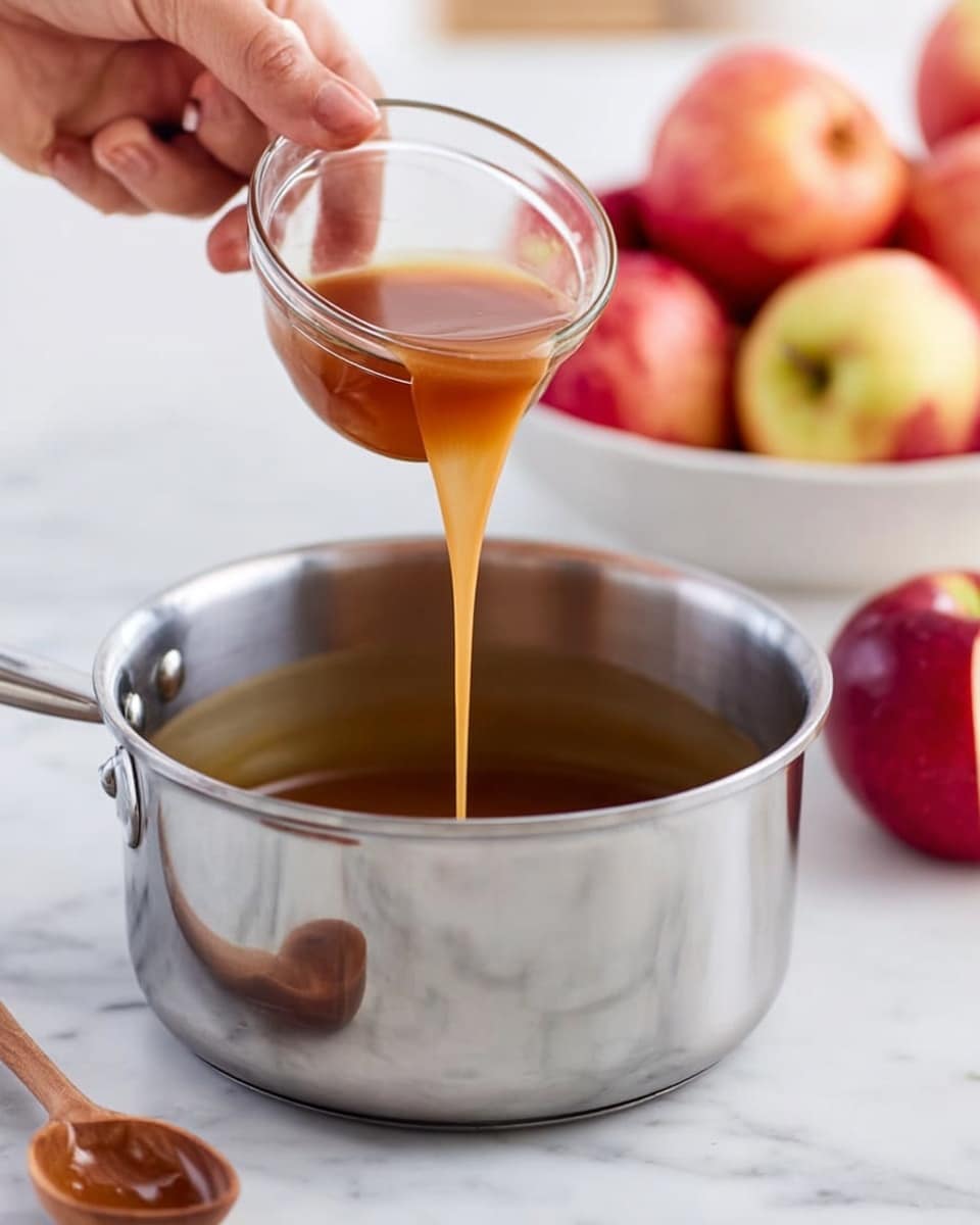 A close-up view shows a woman's hand pouring a light brown liquid from a small clear glass bowl into a medium-sized stainless steel saucepan filled halfway with a similar brown liquid. The saucepan is on a white marbled surface. In the background, there is a white bowl filled with red and yellow apples slightly blurred, and next to it a part of a red apple is visible on the surface. A small wooden spoon with a round head lies on the white marbled surface near the saucepan. The lighting is bright and natural, highlighting the smooth texture of the liquids. Photo taken with an iphone --ar 4:5 --v 7
