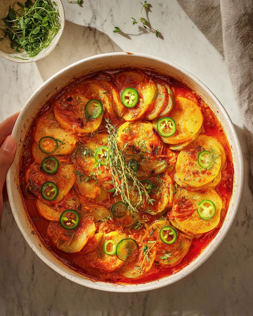 A round white bowl filled with a layered dish starting with a thick red-orange sauce base with visible spices around the edge, followed by a layer of golden brown baked slices that look like thick potatoes or squash placed evenly on top. There are green slices of jalapeño scattered across the top, along with fresh chopped green herbs sprinkled all over. Several small sprigs of fresh thyme lie across the center. Next to the bowl is a small white bowl filled with green chopped herbs, all set on a white marbled surface with subtle shadows. Photo taken with an iphone --ar 4:5 --v 7