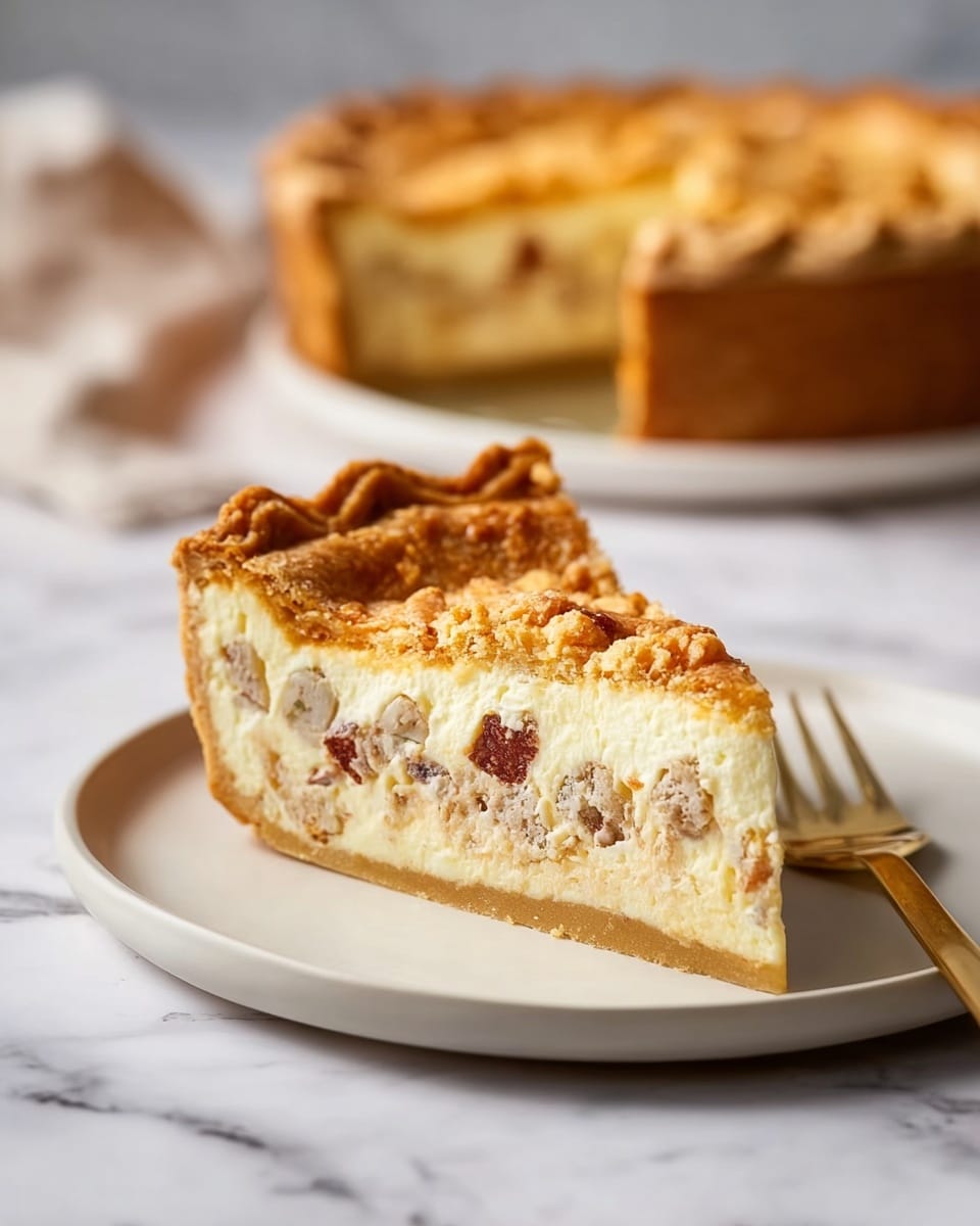 A single slice of pie sits on a white plate, showing three layers: a thick golden-brown crust on top with crimped edges, a creamy off-white middle layer filled with chunks of light gray and reddish-brown pieces, and a thin golden crust base. The pie slice rests on a white marbled surface with a gold fork placed on the plate beside it. In the blurred background, the whole pie with the same golden crust is visible. Photo taken with an iphone --ar 4:5 --v 7