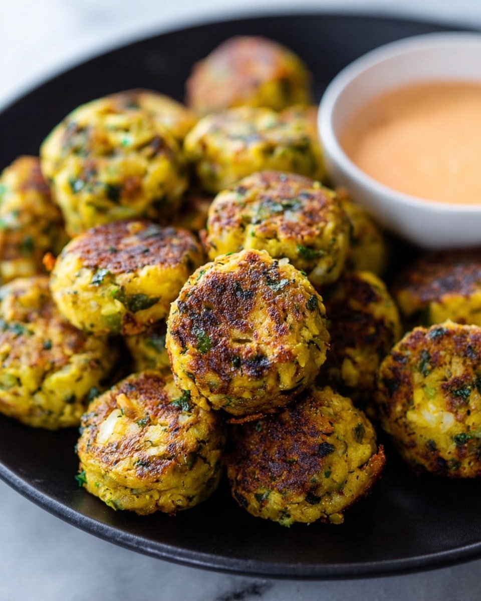 A close-up view of a round black plate filled with about fifteen small, round veggie bites. Each bite is golden-yellow with green specks of herbs and vegetables, showing a slightly rough and crispy texture on the outside. The bites are stacked loosely on the plate with one piece sitting on top in the center, clearly showing its detailed surface. In the background, there is a white dish with a pale orange dipping sauce. The whole scene sits on a white marbled surface. Photo taken with an iphone --ar 4:5 --v 7