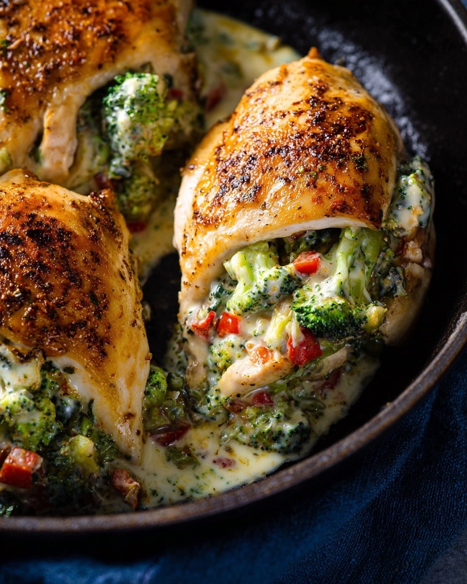 The image shows a close-up of three pieces of cooked chicken with a golden-brown, slightly crispy skin. Each piece is sliced open to show a creamy filling inside made of bright green broccoli and small red bell pepper pieces mixed in a white creamy sauce. The chicken pieces are placed close together in a dark pan, with some sauce oozing around them. The background features a dark surface with a hint of blue cloth near the pan edge. photo taken with an iphone --ar 4:5 --v 7