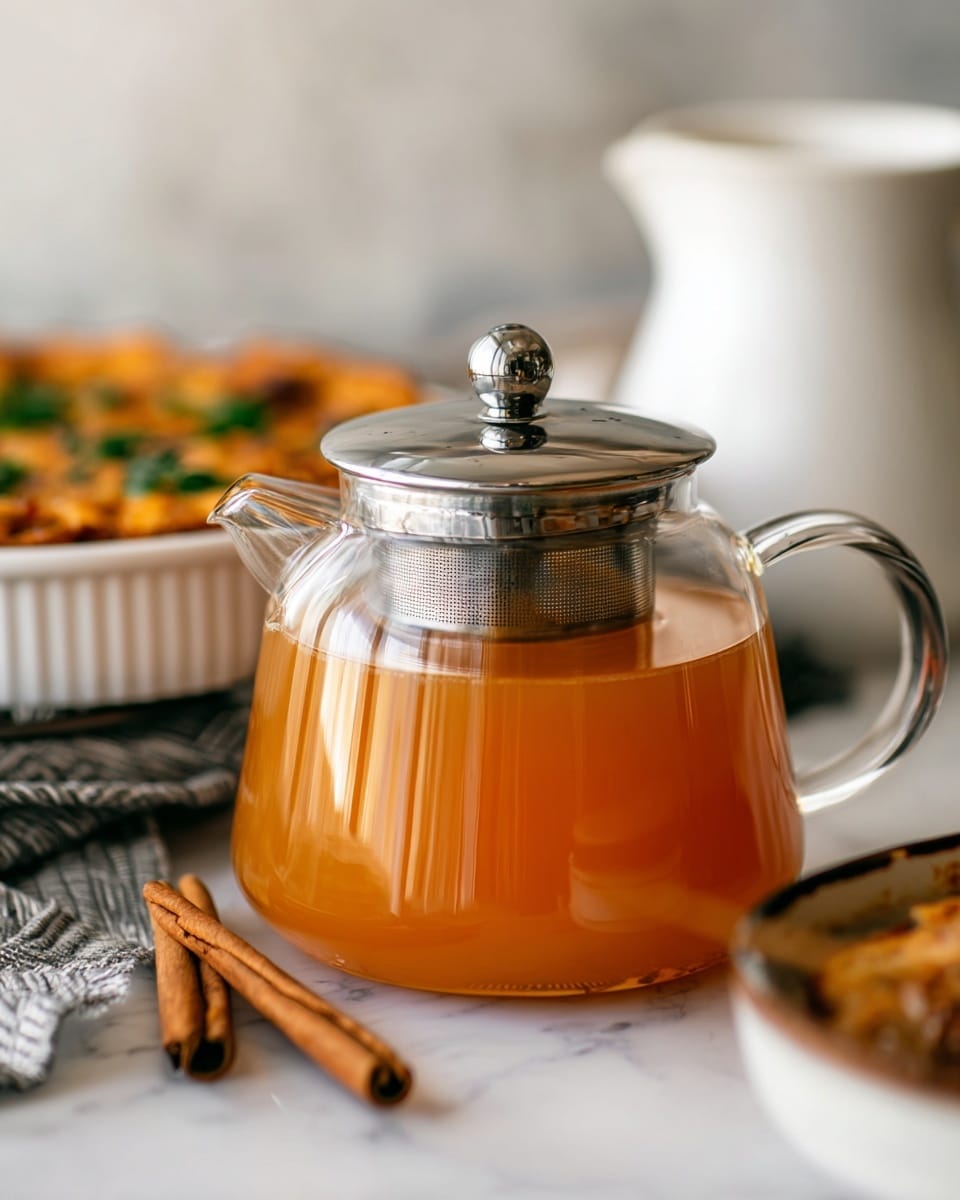 A clear glass teapot with a shiny silver lid is filled with smooth, warm orange-colored tea. The teapot sits on a white marbled surface next to two brown cinnamon sticks. In the background, there is a white bowl filled with a baked dish topped with green herbs, and a white pitcher blurred slightly. The scene is cozy and clean, with natural soft light highlighting the creamy texture of the tea in the teapot photo taken with an iphone --ar 4:5 --v 7
