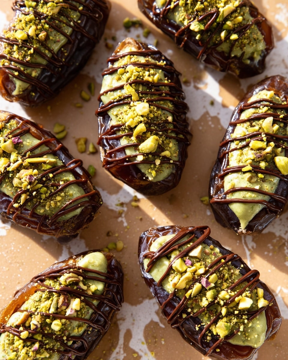 The image shows several dark brown dates laid out on a light brown surface with a white marbled texture. Each date is stuffed with a creamy, light green filling that has a slightly stringy texture. On top of the filling, there are drizzles of smooth, milk chocolate in wavy lines. Small crushed pieces of nuts, light yellow and green in color, are sprinkled over the chocolate drizzle and filling, adding texture and color contrast. The dates are arranged close together with soft shadows around them. Photo taken with an iphone --ar 4:5 --v 7