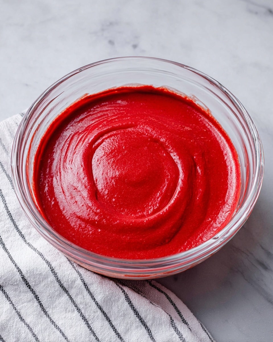 A clear glass bowl sits on a white marbled surface with a white and black striped cloth beside it. Inside the bowl is one smooth layer of thick bright red batter, with a shiny and creamy texture. The batter is swirled gently at the center, showing slight ridges and curves. The bowl’s edges are clean and transparent, clearly showing the rich red color of the batter photo taken with an iphone --ar 4:5 --v 7