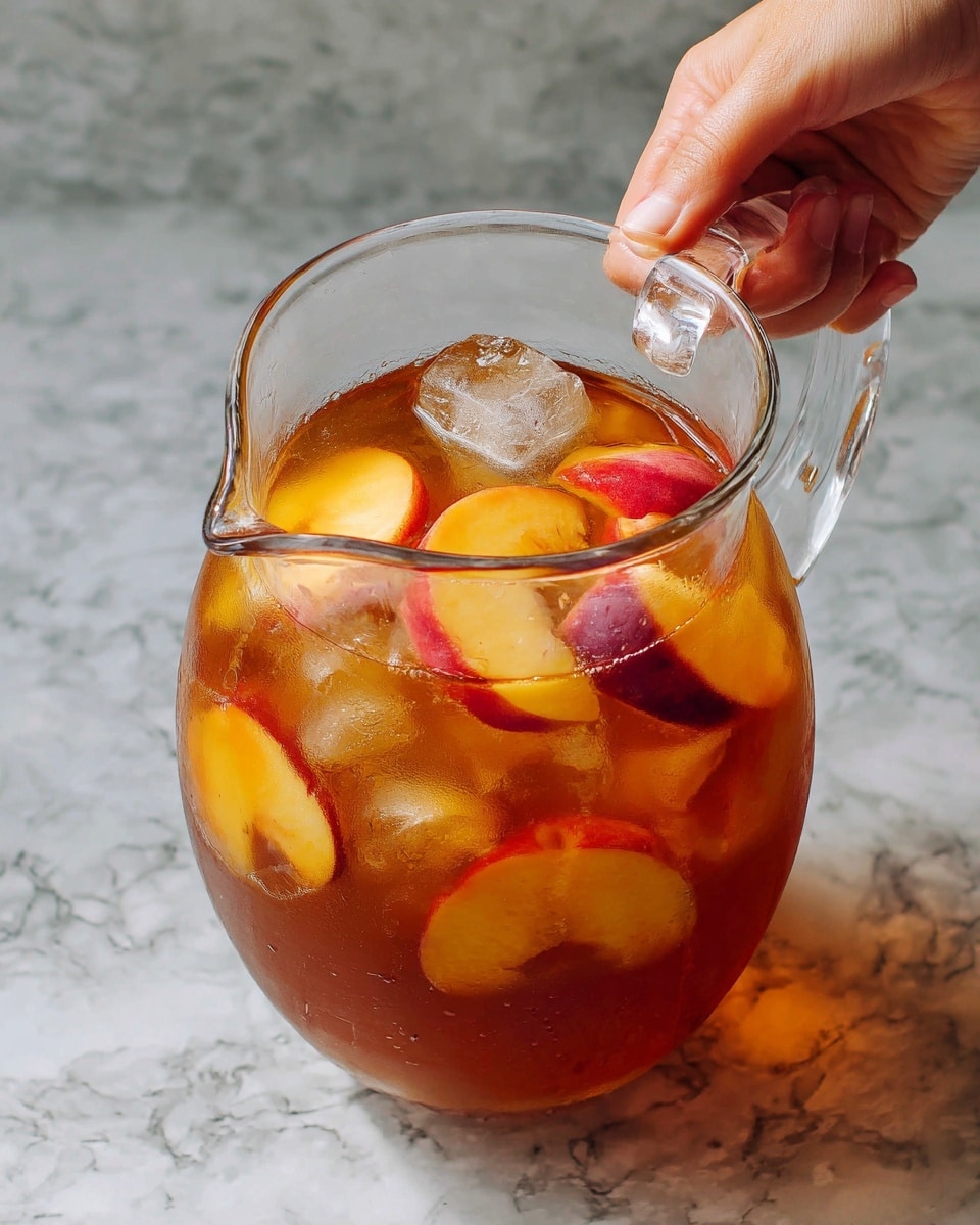 A clear glass pitcher filled with light brown iced tea holds several floating ice cubes and thin slices of red and yellow peaches, showing smooth, wet surfaces. At the top, a woman's hand grips the clear handle firmly. The pitcher sits on a white marbled surface, which softly reflects some of the colors from the drink. photo taken with an iphone --ar 4:5 --v 7