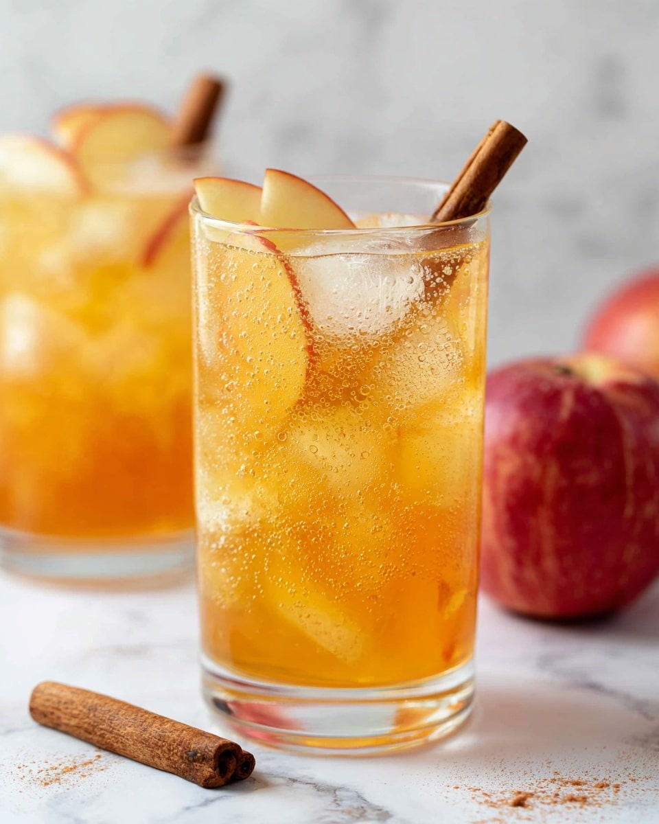 The image shows a clear glass filled with a golden orange drink with visible bubbles and several ice cubes floating on top, giving a cold and refreshing look. A cinnamon stick stands upright in the glass, surrounded by thin, pale yellow apple slices just below the ice. The background features another similar drink and two whole red apples, all placed on a white marbled surface. A cinnamon stick lies in the foreground beside the glass. photo taken with an iphone --ar 4:5 --v 7