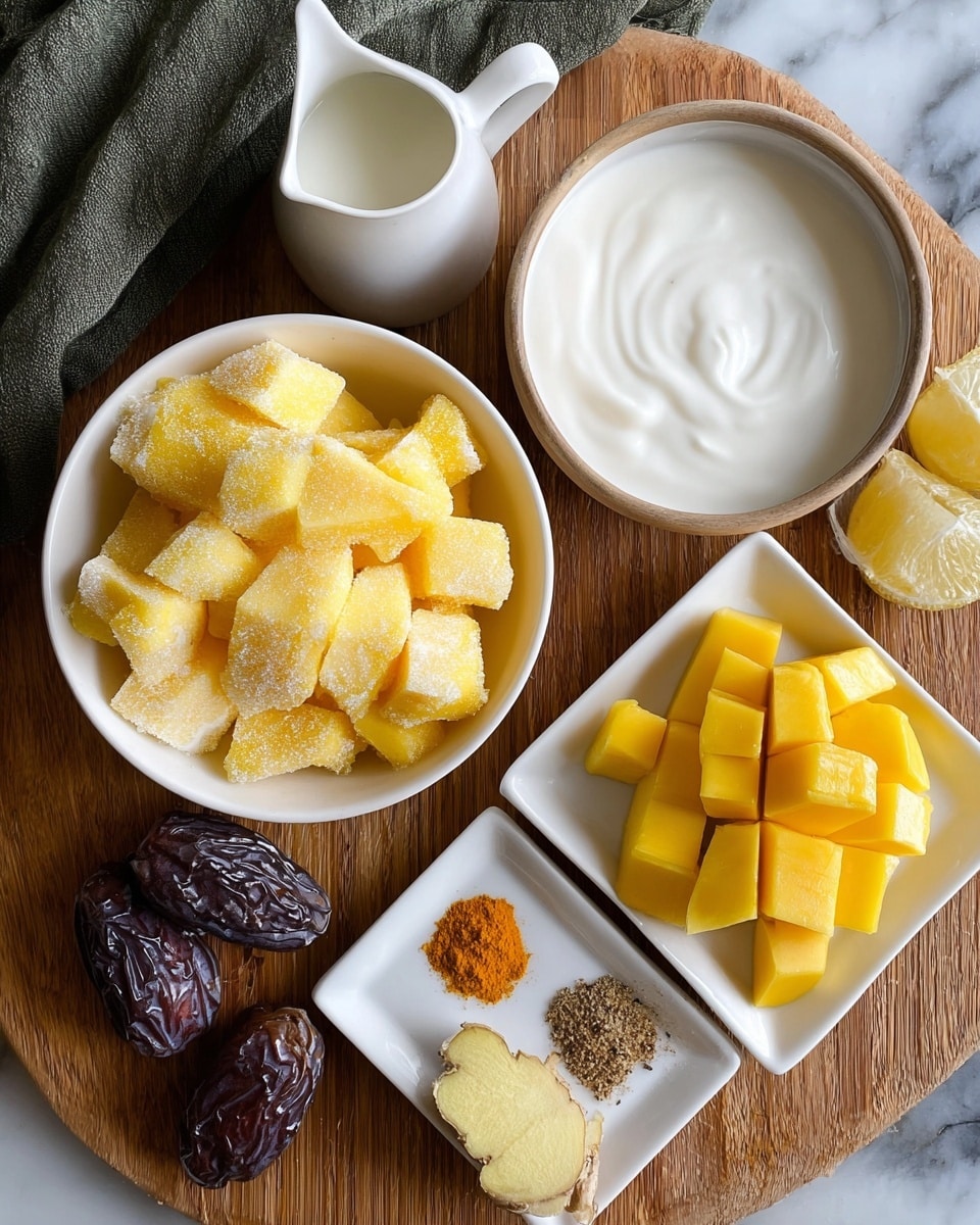 The image shows ingredients arranged on a wooden board with a white marbled texture underneath. In the center-left, there is a white bowl filled with yellow frozen mango pieces covered in frost. To the top right, a white bowl holds thick white yogurt. Below and slightly left, there is a white small pitcher filled with a light cream liquid. Toward the bottom right, a white square plate holds a bright yellow mango scored into cubes. Next to it on the wooden board is a dark green cloth, and on a white square plate at the bottom right corner are a sliced lemon, a small piece of ginger, and two piles of powder spices, one orange and one blackish. Two dark brown dates sit beside the cloth. photo taken with an iphone --ar 4:5 --v 7
