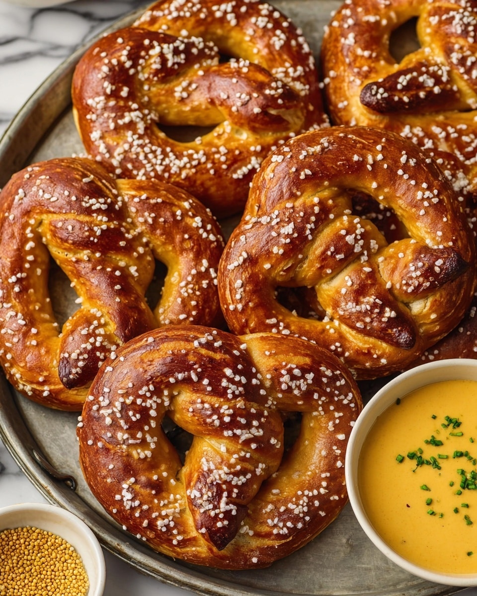 The image shows a tray filled with seven golden-brown soft pretzels, each topped evenly with coarse white salt crystals. The pretzels have a shiny, smooth surface texture with deep browning along the twists and folds, giving them a freshly baked look. The pretzels are arranged closely together on a metal tray, and to the bottom right corner, there is a partial view of a white bowl filled with a smooth, yellow cheese dip garnished with small green herbs. In the bottom left corner, part of another white bowl is visible, holding yellow mustard seeds. The background features a white marbled texture. Photo taken with an iphone --ar 4:5 --v 7