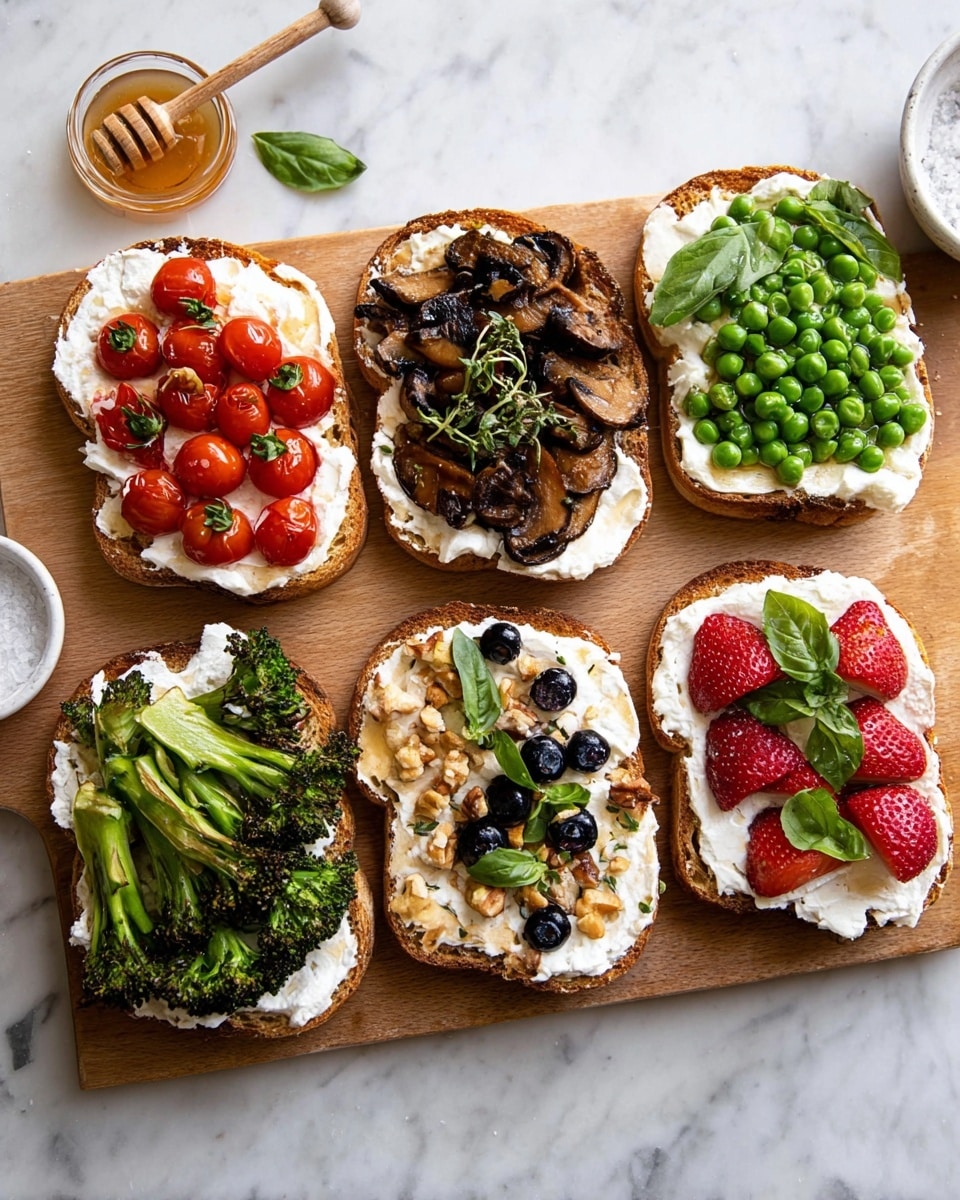 The image shows six slices of toasted bread laid on a wooden board over a white marbled surface, each topped with a thick layer of white creamy spread. The top left slice has bright red cherry tomatoes with small green basil leaves. The top middle slice is covered with dark brown sautéed mushrooms with small green herb sprigs. The top right slice has fresh green peas and dark green mint leaves. The bottom left slice is topped with charred green broccoli. The bottom middle slice shows blueberries and chopped light brown nuts scattered on the spread. The bottom right slice has red strawberries with some green herb leaves on top. A small white bowl with coarse salt and a small dish with a honey dipper are placed near the wooden board. photo taken with an iphone --ar 4:5 --v 7