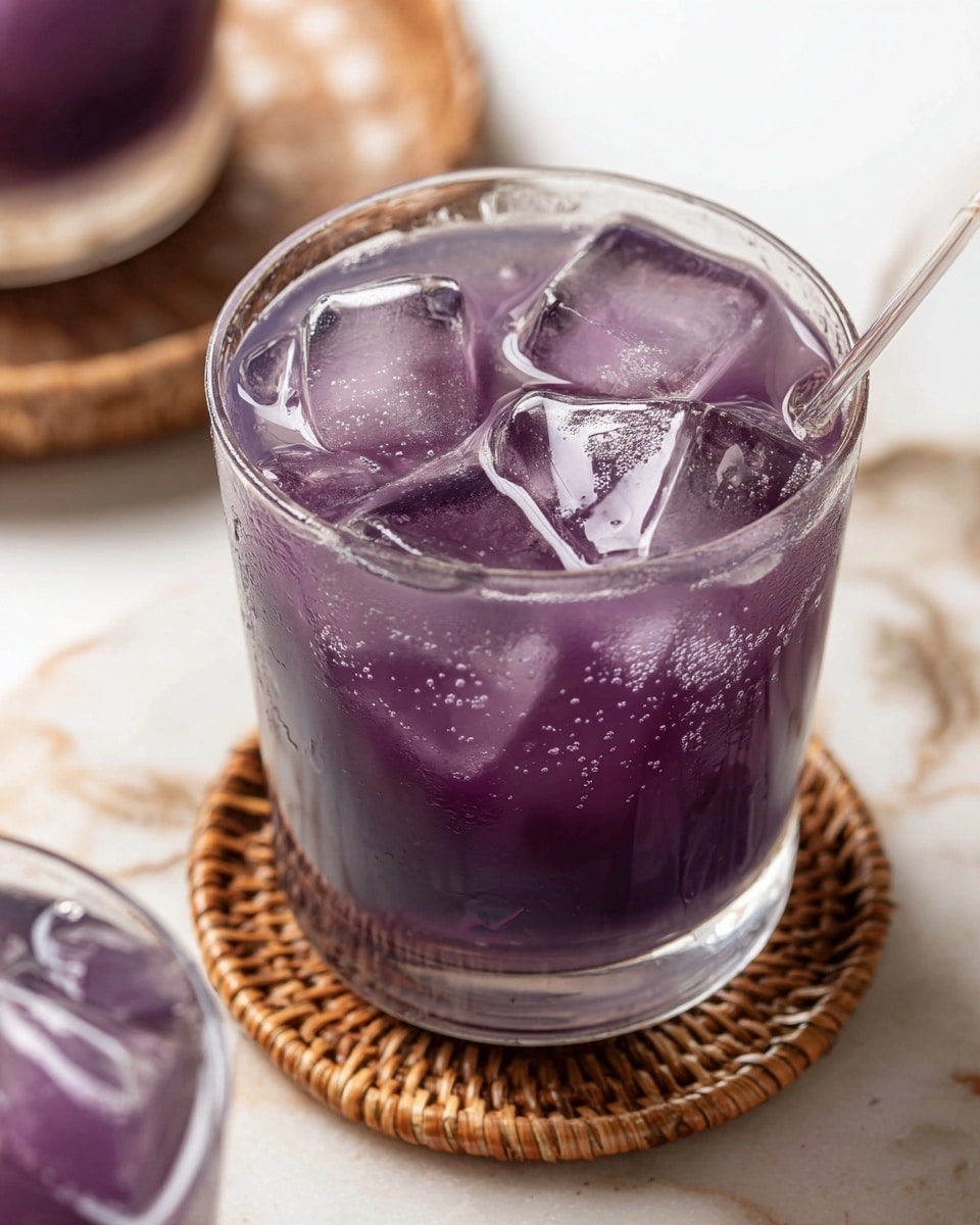 A close-up view of a clear glass filled with a purple-colored drink and several ice cubes floating on top, the glass resting on a woven coaster with a white marbled surface underneath. The drink's surface shows small bubbles and a smooth, glossy texture. Part of a second glass with a similar purple drink is visible in the lower left corner, slightly out of focus, and the background is softly blurred. A thin straw is placed inside the glass on the right side. Photo taken with an iphone --ar 4:5 --v 7