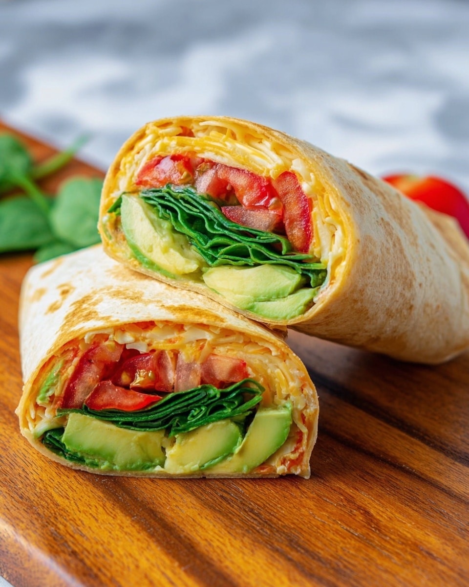 The image shows a wrap sandwich cut in half and placed on a wooden board with white marbled texture in the background. The wrap dough is golden brown and lightly toasted. Inside, there are four visible layers: a layer of shredded cheese that is pale yellow and orange, a thick layer of bright red tomato slices, fresh green leafy spinach, and slices of creamy avocado with a smooth light green texture. The halves are stacked with one resting on the other, showing the colorful filling clearly. Photo taken with an iphone --ar 4:5 --v 7