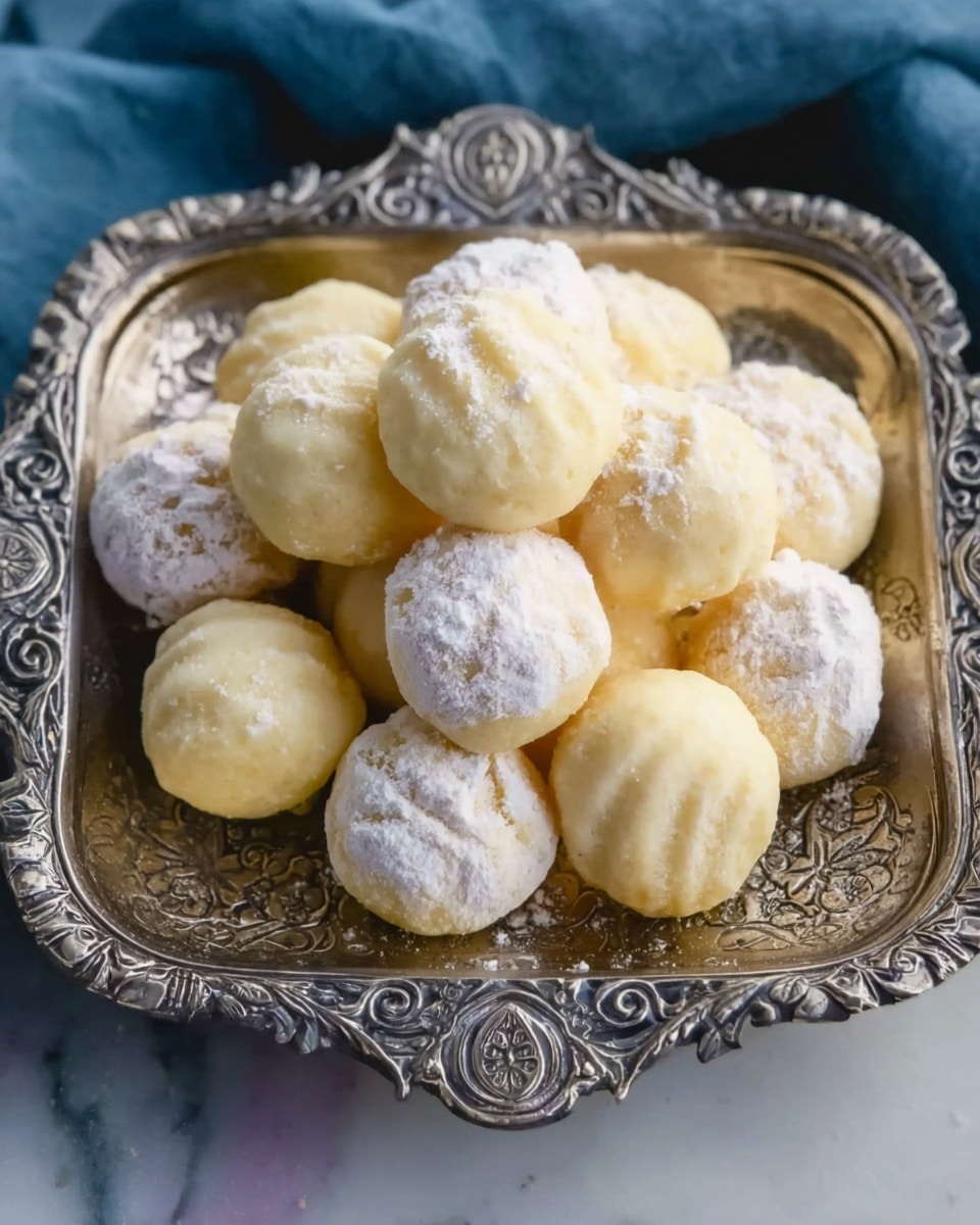 The image shows a square ornate silver dish filled with small round and slightly irregular white cookies. Some cookies have a smooth pale yellow coating, while others have a dusting of white sugar or powder. The dish sits on a white marbled surface with a blue cloth beneath it, creating a soft contrast. The cookies are stacked randomly, covering the dish's center. Photo taken with an iphone --ar 4:5 --v 7