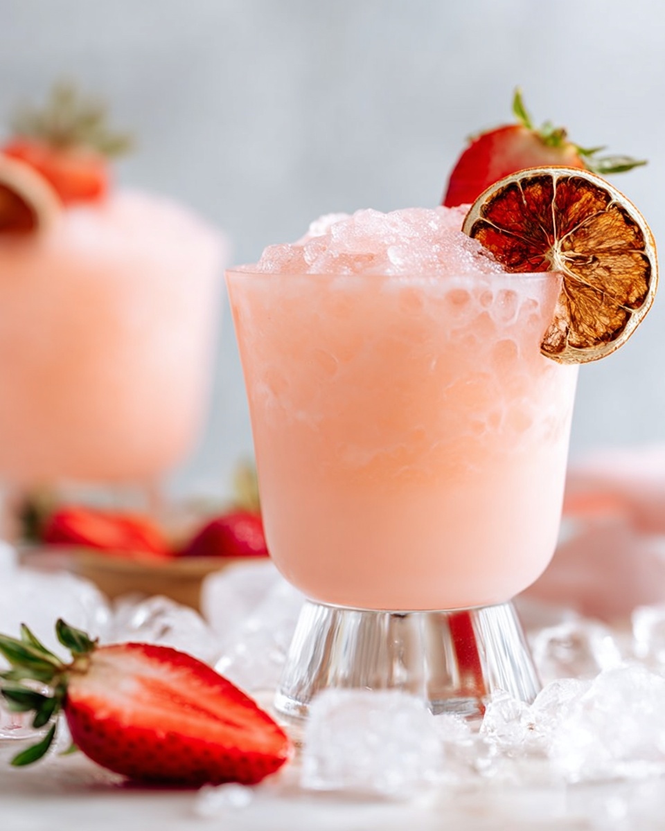 The image shows a pale pink drink served in a clear glass with a thick base, filled with crushed ice that creates a textured, icy top layer. On the rim of the glass, there are two garnishes: one half of a red strawberry with green leaves and a dried round slice of citrus showing brownish colors and rugged texture. In the background, there is another similar glass with the same pale pink drink and garnishes blurred out. In the foreground, a halved fresh red strawberry with visible seeds and green leaves sits on a white marbled surface scattered with ice cubes. The whole setting has a bright and fresh feel, with soft lighting enhancing the pink tones and ice crystals. photo taken with an iphone --ar 4:5 --v 7