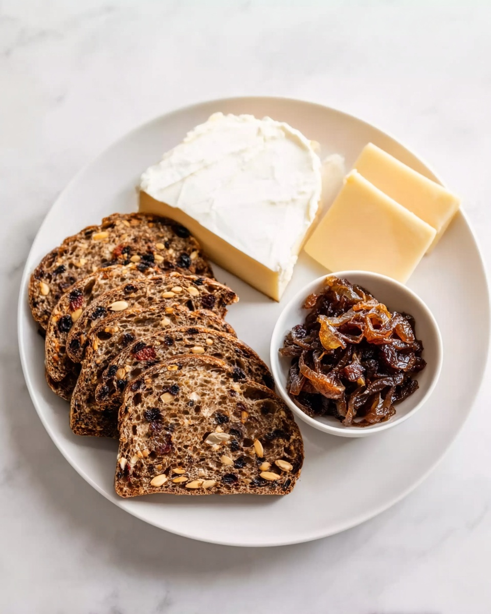 A white plate on a white marbled surface holds four slices of dark multigrain bread with visible seeds and dried fruit, arranged overlapping on the left side. At the top of the plate is a wedge of soft white cheese with a smooth outer rind. Next to it on the right is a small portion of pale yellow cheese with a firm texture. On the right side of the plate, a small white bowl is filled with dark caramelized onions with a shiny, slightly sticky texture. Photo taken with an iphone --ar 4:5 --v 7