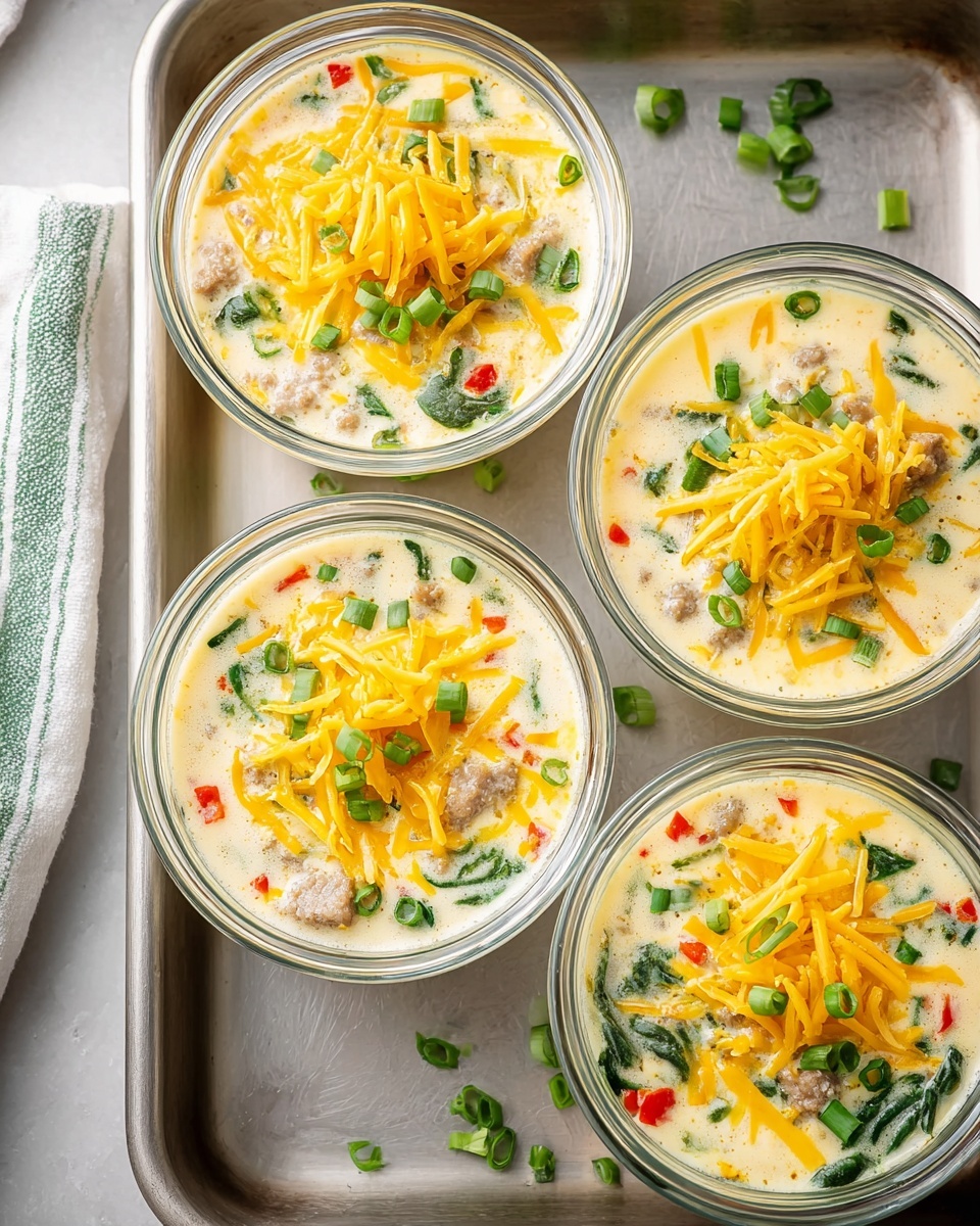 Four clear glass bowls are filled with a creamy mixture containing visible pieces of green spinach, small slices of light brown sausage, and red bell pepper bits. The top layer of each bowl is covered with shredded bright yellow cheddar cheese and chopped green onions sprinkled evenly. The bowls are placed on a silver metal tray, with a white and green striped cloth partially visible in the top left corner. The scene is bright with soft natural light. photo taken with an iphone --ar 4:5 --v 7