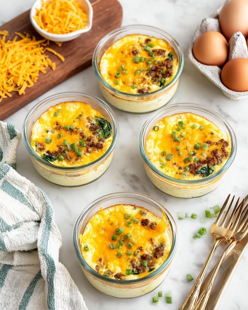 The image shows four clear glass bowls filled with egg muffins, each having distinct layers. The bottom layer is light yellow and smooth, representing the cooked eggs. On top of this is a mix of small brown sausage pieces and spinach, adding green and brown textures scattered evenly. The top layer consists of melted bright orange cheddar cheese sprinkled with small chopped green onions. The bowls are arranged on a white marbled surface, with a white and green striped cloth to the side and a wooden board holding a block and some grated cheddar cheese nearby. Five brown eggs and empty shells sit in a white egg holder below the bowls, and two forks with gold and silver handles are placed side by side on the right. Photo taken with an iphone --ar 4:5 --v 7