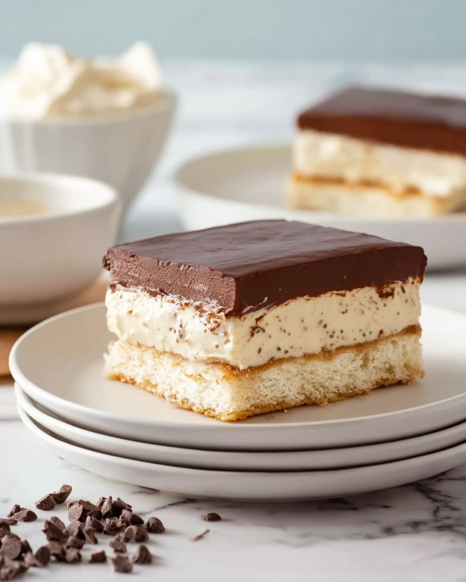 The image shows a square slice of a layered dessert on two stacked white plates. The dessert has three visible layers: a thick, smooth, dark chocolate layer on top, a middle creamy off-white layer with soft texture and small brown specks, and a bottom layer that looks like a light biscuit or cake base. In the background, there is another similar dessert slice on a white plate, blurred out. To the side, there is a white bowl with light-colored cream and some chocolate chips scattered around on a white marbled surface. The scene is softly lit to highlight the dessert's rich textures photo taken with an iphone --ar 4:5 --v 7