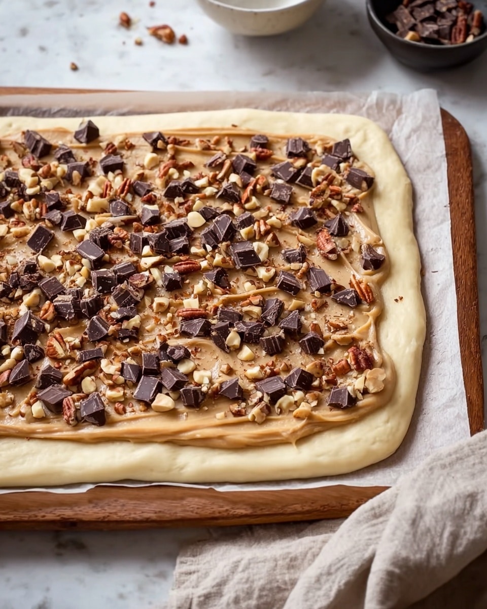 The image shows a rectangular dough base with a smooth, light beige color and soft texture, spread out on parchment paper. On top of the dough is a thick layer of creamy caramel-colored spread evenly covering almost the entire surface. This is topped with a generous sprinkle of dark chocolate chunks, small off-white pine nuts, and chopped brown pecans scattered across the top, adding texture and color contrast. The background features a white marbled surface with a white bowl and a dark bowl slightly out of focus behind the dough. A piece of beige cloth is partially visible in the lower right corner. photo taken with an iphone --ar 4:5 --v 7