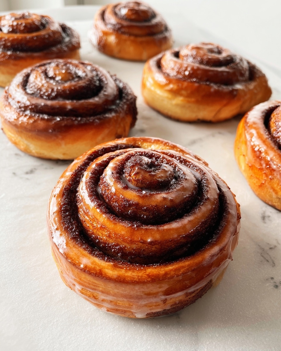 The image shows several cinnamon rolls with shiny, golden-brown outer layers and dark brown cinnamon swirls spiraled from the center to the edges. Each roll has multiple visible layers of dough and cinnamon filling rolled tightly together, with a shiny glaze that reflects light on the surface. They are placed on a white marbled background that adds brightness to the image. The rolls are arranged loosely, with one prominently in the foreground and the others slightly out of focus behind it. photo taken with an iphone --ar 4:5 --v 7