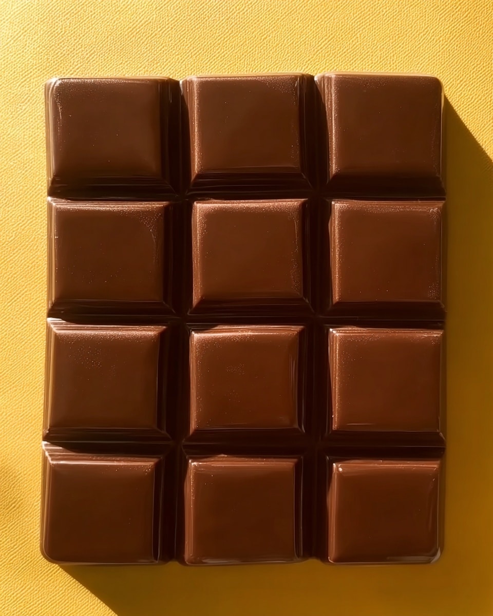The image shows a grid of nine square chocolate pieces arranged in three rows and three columns. Each piece has a smooth, shiny surface with a rich dark brown color and clean edges, sitting closely together. The chocolate squares are placed on a yellow surface that contrasts with the deep brown color of the chocolate. The light creates soft shadows around the squares, adding depth to the scene. photo taken with an iphone --ar 4:5 --v 7