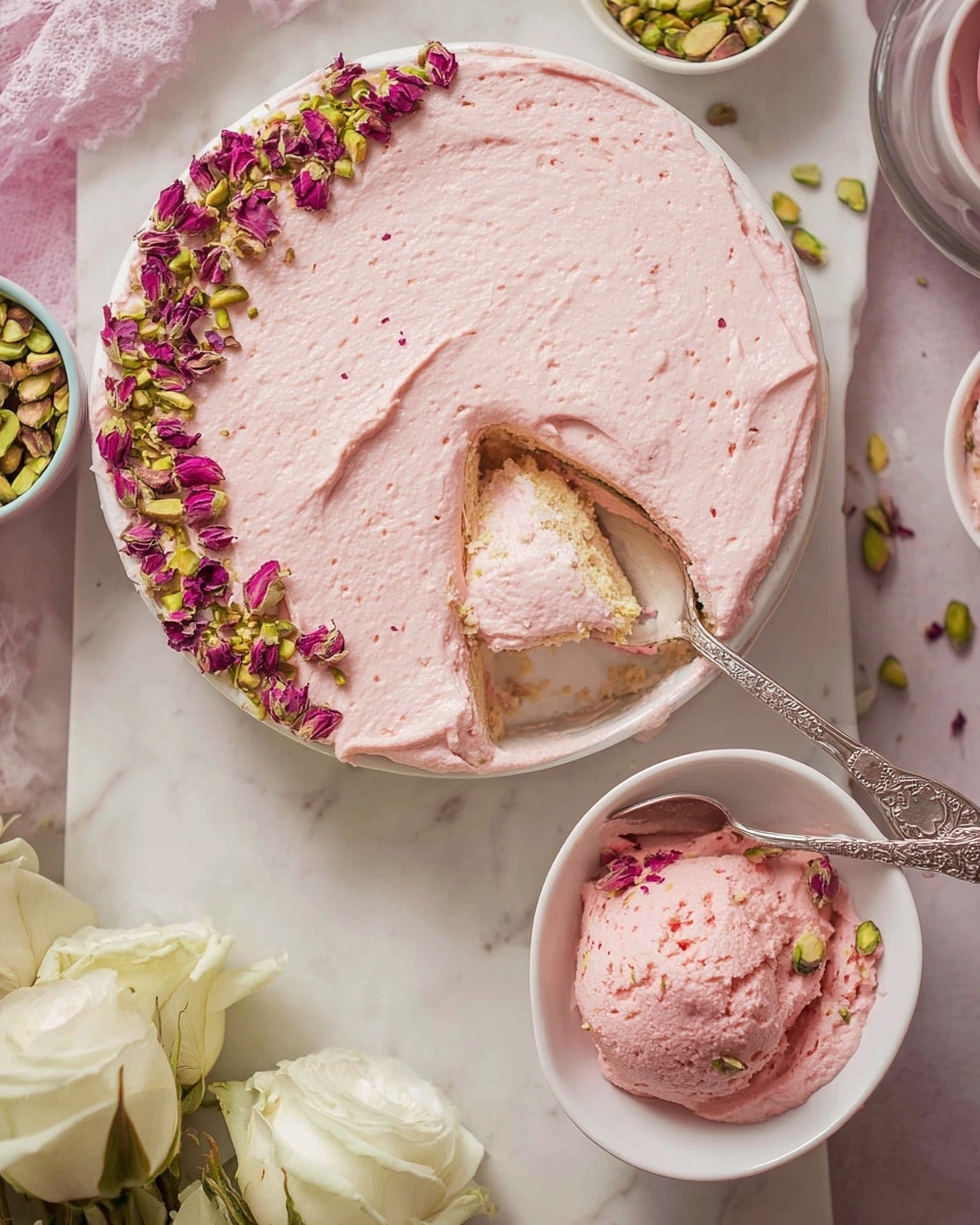 The image shows a round, shallow white dish filled with a creamy, smooth pale pink dessert that has been spread evenly across the top, with one section scooped out, revealing soft layers inside that include a light tan base and a hint of brighter pink layers. The dessert is decorated on one side with a line of small dried purple rosebuds and chopped light green pistachios. Next to the dish, there is a white bowl holding a scoop of the same pink dessert with visible soft sponge texture inside, resting on a silver ornate spoon. The background is a white marbled surface with a soft pink area and some white roses in the corner. Small bowls with chopped green pistachios and dried rosebuds are nearby. photo taken with an iphone --ar 4:5 --v 7