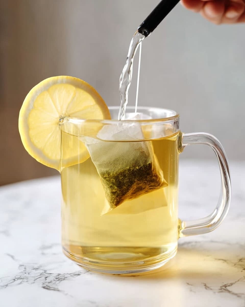 A clear glass mug filled with light yellow tea, showing a tea bag steeping inside. A round lemon slice floats near the bottom left side of the mug. Hot water is being poured from a black spout into the mug, causing slight ripples in the tea. The mug is placed on a white marbled surface with a blurred background, and a woman's hand is gently holding the mug's handle on the right side. Photo taken with an iphone --ar 4:5 --v 7