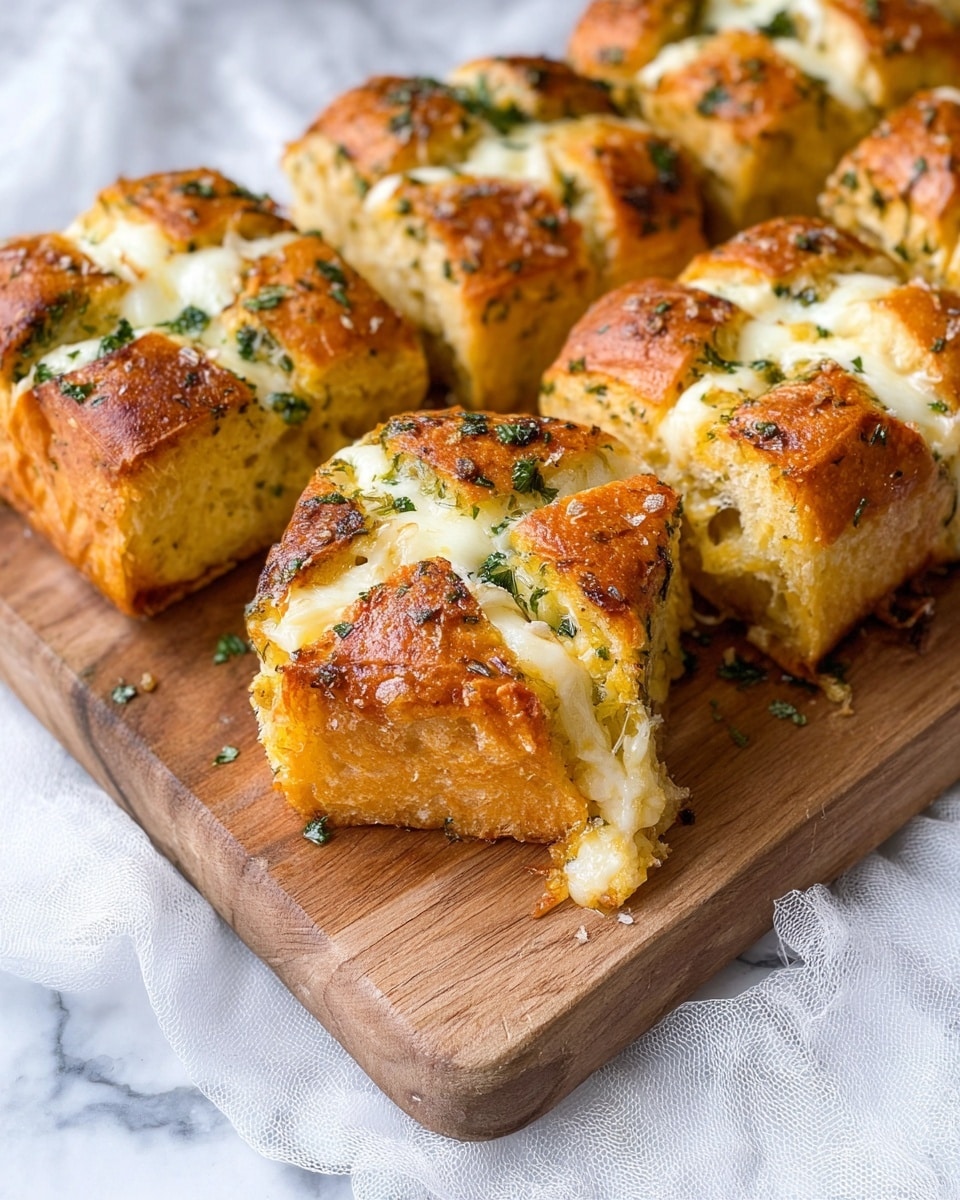 The image shows several small, square-shaped garlic cheese bread rolls placed closely on a wooden cutting board. Each roll has a golden-brown crust with deep cross cuts on top, allowing melting white cheese to peek through. The surface is sprinkled with green parsley bits, adding a fresh color contrast. The bread's texture looks soft inside with a slightly crispy, buttery crust. Some cheese has melted and formed a thin, crispy layer around the edges touching the board. The board is set on a white marbled surface with a sheer white cloth partially visible around it. Photo taken with an iphone --ar 4:5 --v 7