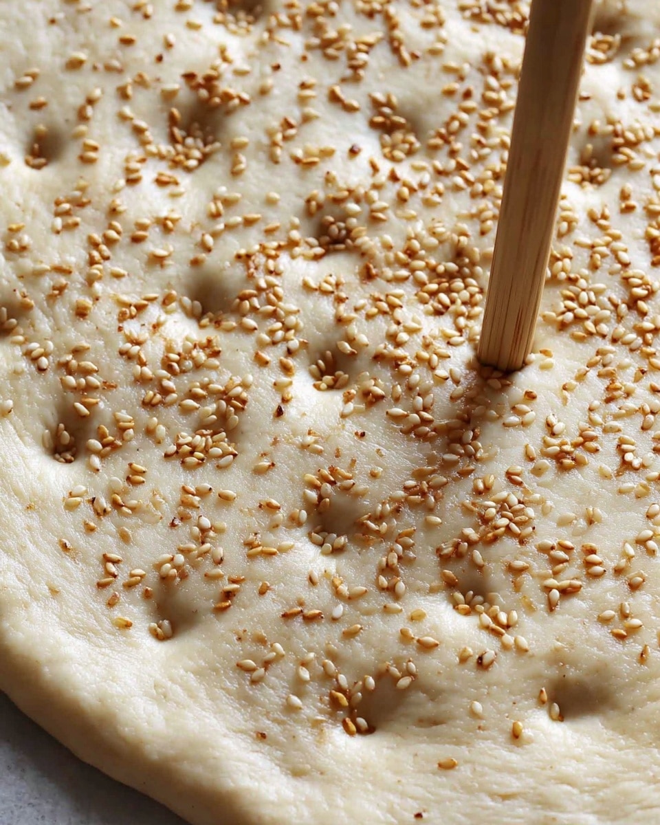 A close-up of a light beige dough circle on a white marbled surface, pierced with evenly spaced small holes made by a wooden stick standing vertically in the middle; the dough is sprinkled with small tan sesame seeds scattered across the top, giving a textured and slightly uneven look to the surface photo taken with an iphone --ar 4:5 --v 7