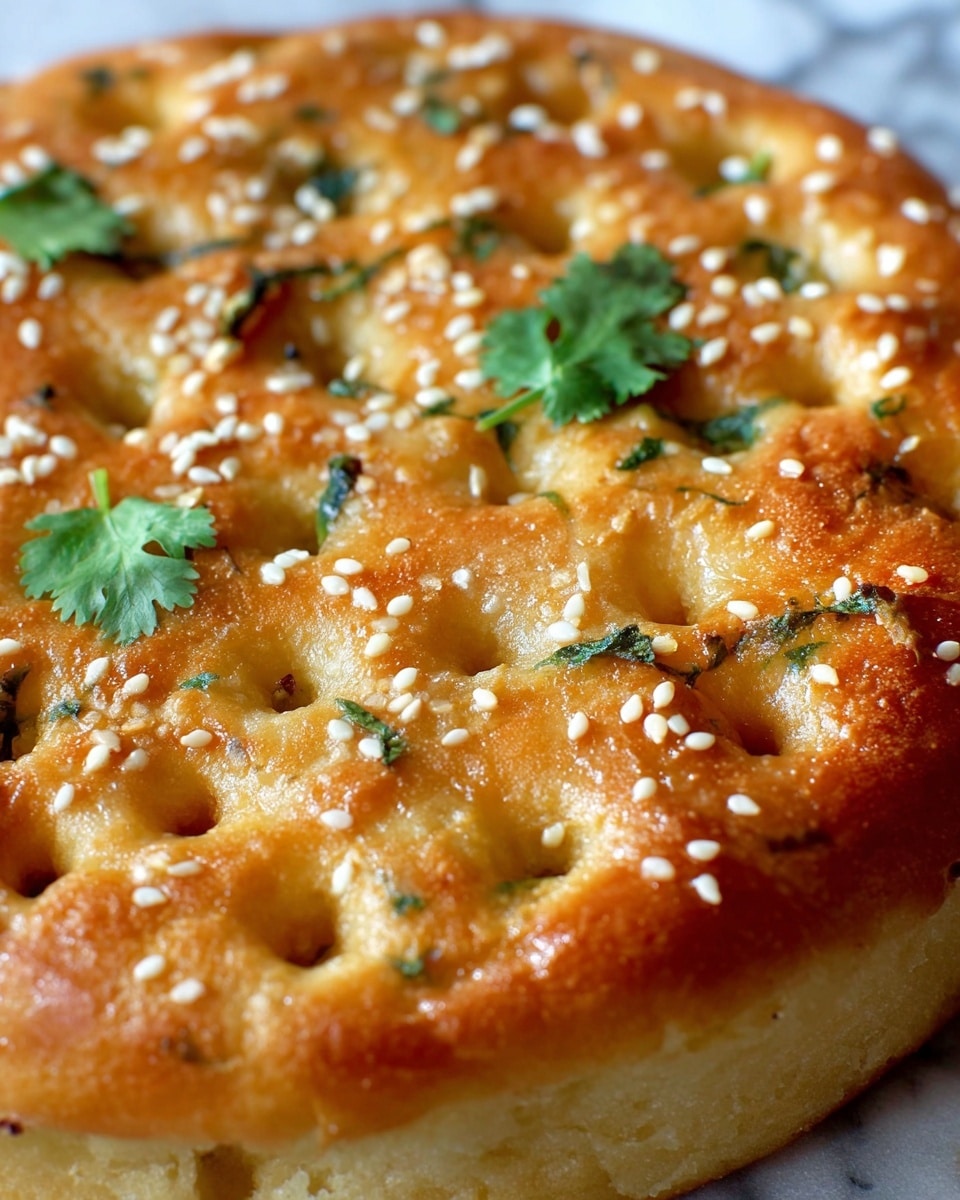 The image shows a close-up of a golden-brown round bread with a soft, slightly shiny surface. The bread has many small, evenly spaced dimples across the top layer, which is sprinkled with small white sesame seeds. A few green cilantro leaves rest gently on the surface, adding a touch of color. The bread appears thick and fluffy around the edges, with a warm, inviting texture. The photo has a white marbled texture in the background. photo taken with an iphone --ar 4:5 --v 7