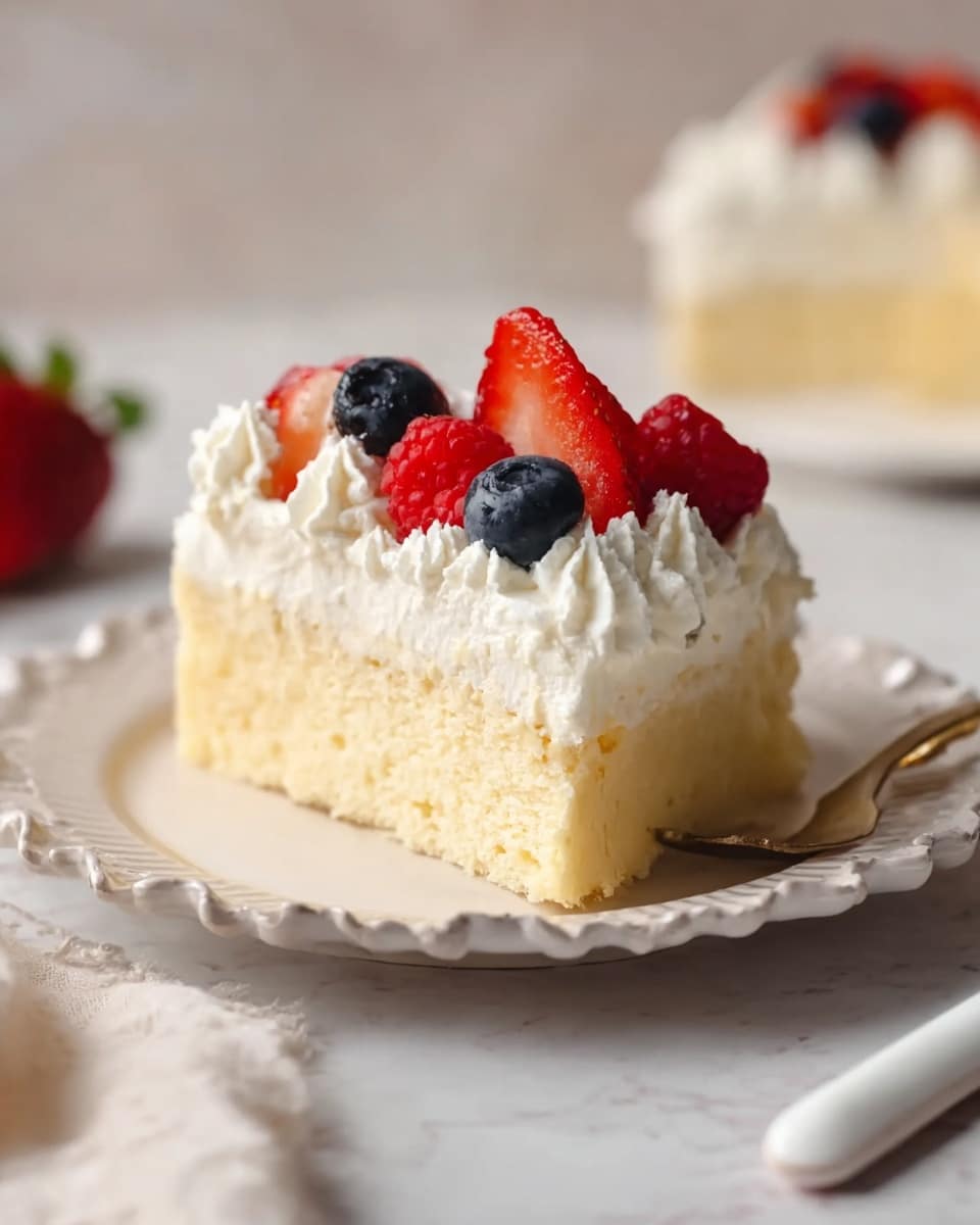 A slice of creamy light yellow cake with one thick layer sits on a white scalloped plate on a white marbled background. On top is a thick layer of white whipped cream with small swirls and dollops. Fresh red strawberries, red raspberries, and dark blue blueberries are placed on the cream, adding bright colors with smooth and slightly shiny textures. In the foreground, a woman's hand holds a white utensil near the plate. The whole scene is softly lit, highlighting the soft texture of the cake and the fresh look of the fruits. Photo taken with an iphone --ar 4:5 --v 7