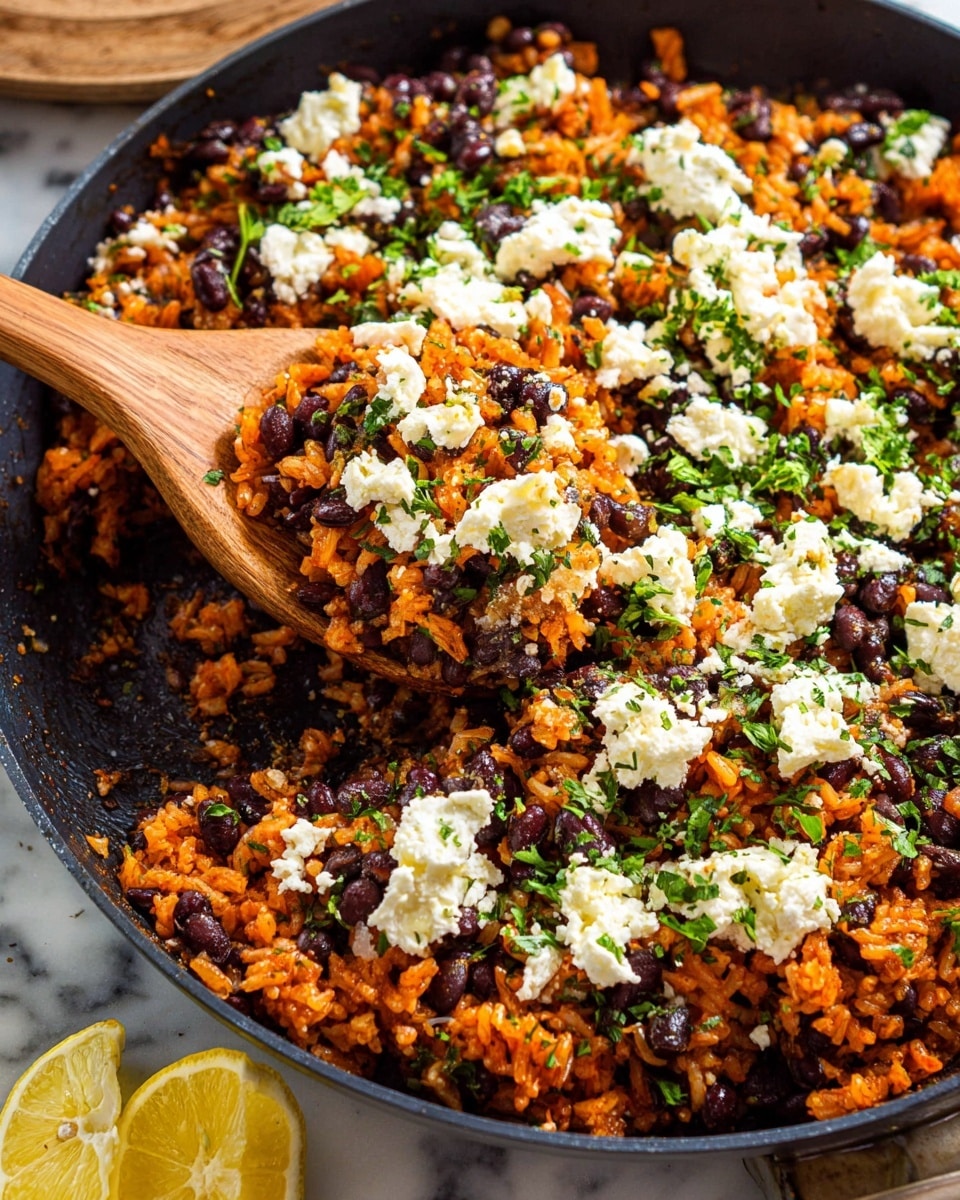 A close-up of a black skillet filled with a colorful mix of orange-red rice and dark black beans, topped with scattered dollops of white cheese sprinkled with green herbs. A wooden spoon is scooping a portion from the center, showing the textures of the rice and beans. The dish is garnished with fresh green chopped herbs on top. The background surface is a white marbled texture and there is a sliced lemon at the bottom left corner. photo taken with an iphone --ar 4:5 --v 7
