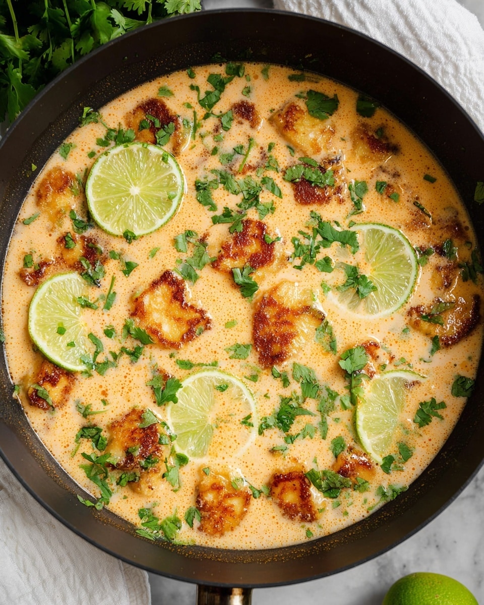 A black pan filled with a creamy light orange soup. The soup has many golden brown pieces that look soft with a crispy edge, floating on top. Bright green cilantro leaves are spread all over the soup, adding color contrast. There are several thin slices of lime placed on and near the soup surface. The pan sits on a white marbled surface, and a whole lime and some white cloth are partly visible near the pan. Photo taken with an iphone --ar 4:5 --v 7