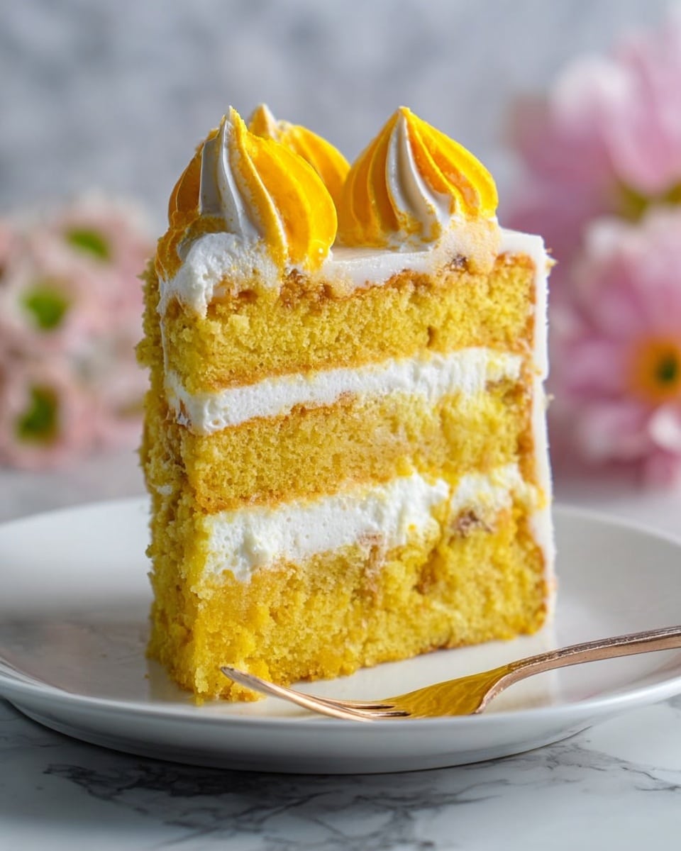 A tall slice of cake with four layers is shown on a white plate. The cake layers are bright yellow with a soft, slightly crumbly texture, and between each layer is a smooth, white cream filling. The top of the cake has two swirled dollops of frosting, one bright yellow and the other a white and orange mix. The background is a white marbled surface with soft-focus pink and white flowers on the side, and a fork is placed on the plate near the cake. photo taken with an iphone --ar 4:5 --v 7