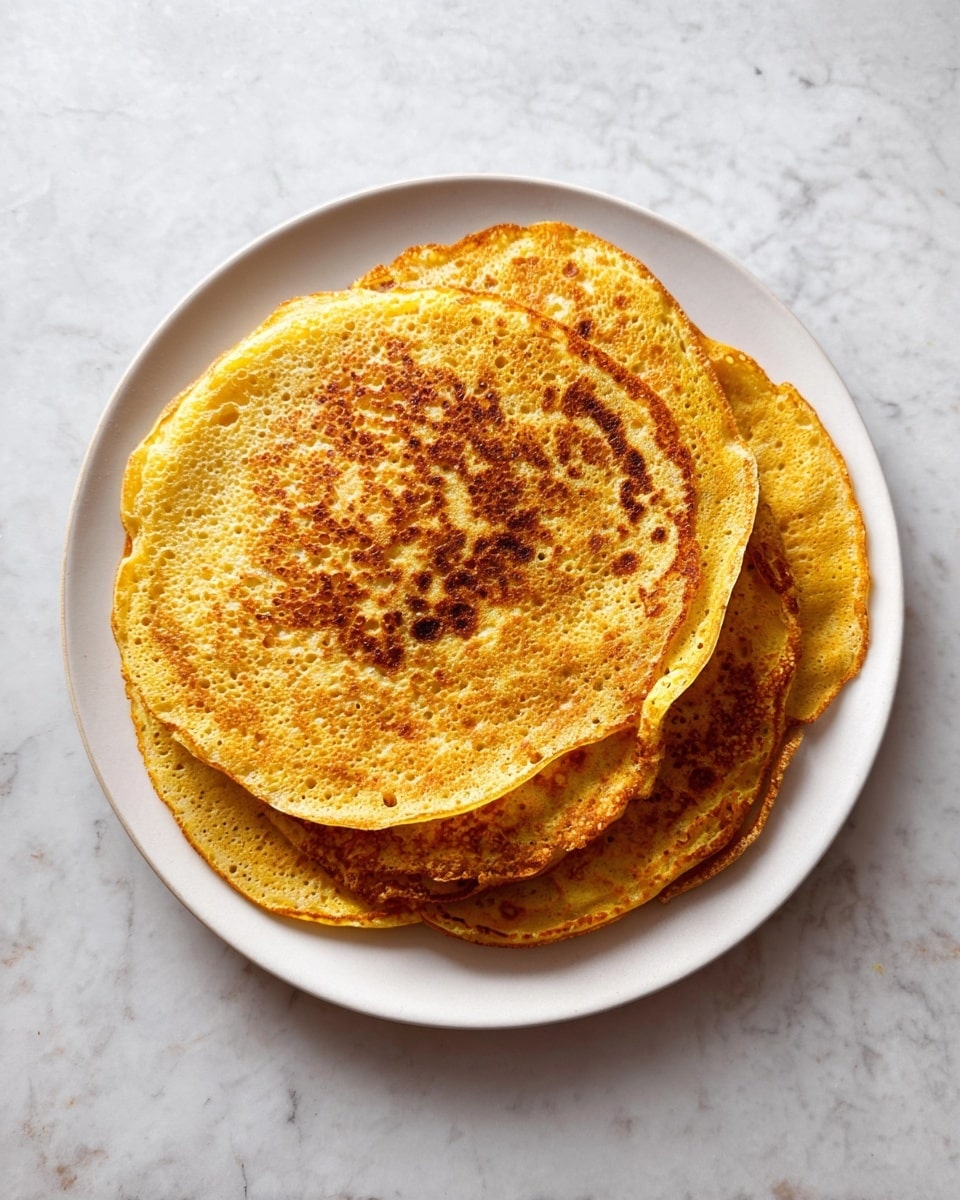 The image shows a stack of four golden-yellow pancakes on a white plate. The pancakes have a slightly rough and porous texture, with the top pancake showing a darker brown spot in the center and some light browning around the edges. The pancakes are arranged in an overlapping manner, with each pancake partially visible beneath the one on top. The plate sits on a white marbled surface, adding a clean and simple background to the image. Photo taken with an iphone --ar 4:5 --v 7
