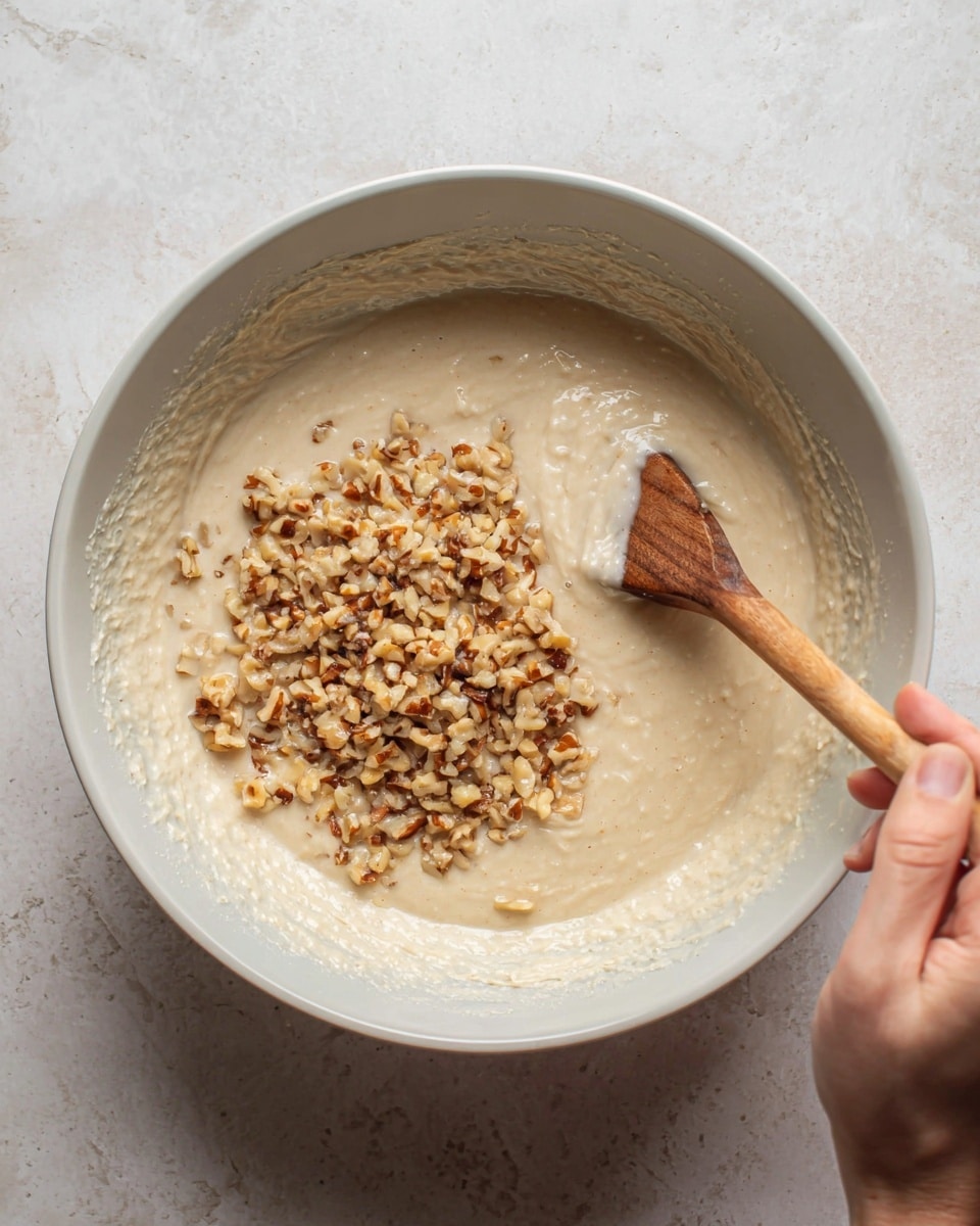 A white bowl sits on a white marbled surface filled with thick, creamy light beige batter, with a pile of small, chopped light brown nuts on the batter’s center. A wooden spoon partially covered in batter stirs the mixture from the right side, held by a woman's hand at the handle's end. The bowl’s inner sides are coated lightly with batter, showing a smooth, slightly lumpy texture. Photo taken with an iphone --ar 4:5 --v 7