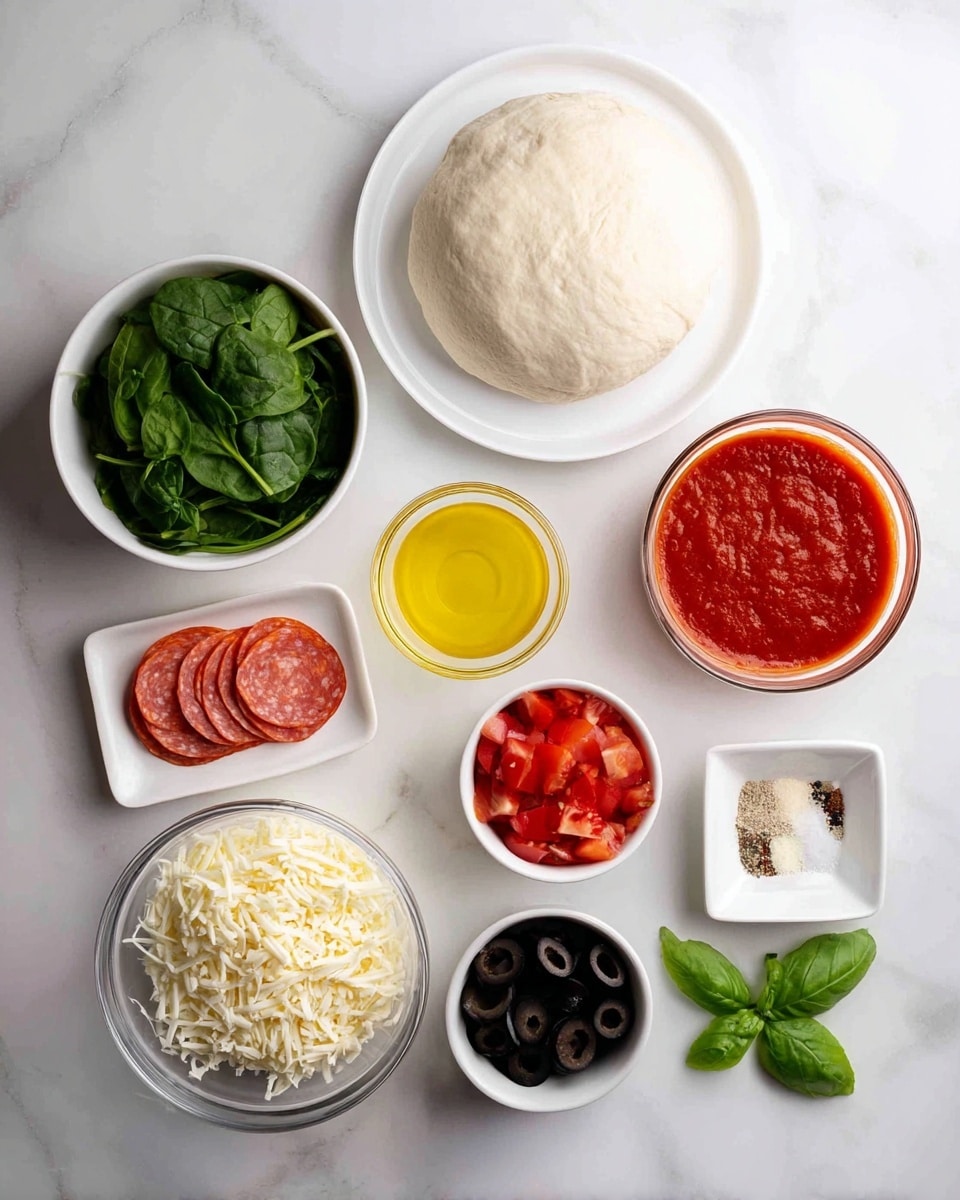 The image shows several ingredients arranged neatly on a white marbled surface. In the center top, there is a soft, round ball of pizza dough on a white plate. Around it, starting from the top left, there's a white bowl filled with fresh green spinach leaves, a glass bowl with thick red tomato sauce, and a white bowl holding a yellow liquid that looks like oil. Below these, there is a clear glass bowl filled with shredded white cheese, a small white bowl of black olive slices, a small clear bowl with diced red tomatoes, and a small white dish divided into two sections containing white salt and light beige seasoning. Slices of round pepperoni are in a white bowl near the spinach, and two bright green basil leaves lie on the surface near the bottom right. Photo taken with an iphone --ar 4:5 --v 7