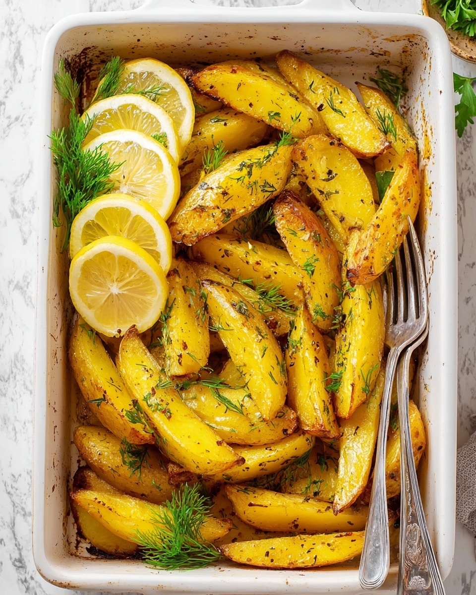 This image shows a rectangular white baking dish filled with golden roasted potato wedges. The wedges are slightly browned at the edges, with some herbs sprinkled on top, giving a fresh green touch. There are three thin lemon slices on the left side of the dish, topped with sprigs of fresh dill and parsley. Two metal forks rest on the left side inside the dish. The dish is placed on a white marbled surface. photo taken with an iphone --ar 4:5 --v 7