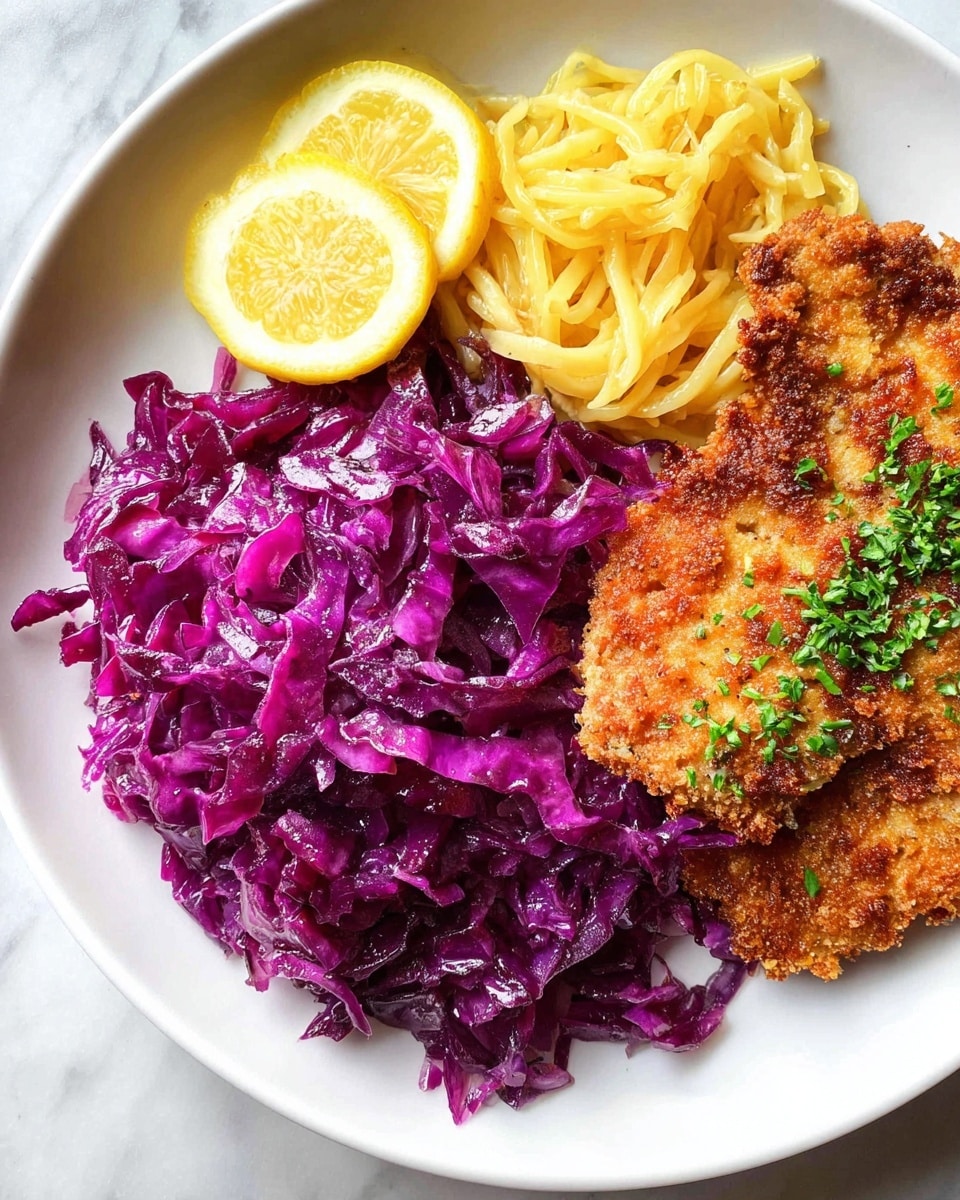 The image shows a white plate with four main parts arranged closely together on a white marbled surface. On the top right, there is a piece of crispy, golden-brown breaded meat garnished lightly with green herbs. Below the meat, a thick pile of bright purple shredded cabbage takes up a large part of the plate with a shiny texture. Next to the cabbage, on the right side, there is a small bundle of light yellow pasta strands that look soft and slightly creamy. At the top left corner of the cabbage, two bright yellow lemon wedges sit with visible seeds and a shiny surface. photo taken with an iphone --ar 4:5 --v 7