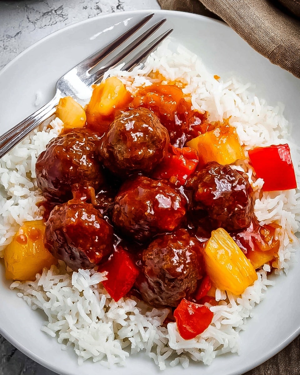 A white plate filled with a base layer of soft white rice, topped with several dark brown, shiny meatballs coated in a thick, glossy reddish-brown sauce. Interspersed among the meatballs are bright orange pineapple chunks and pieces of red bell pepper, adding vibrant pops of color against the sauce and rice. A silver fork rests on the left side of the plate, all placed on a white marbled textured surface. photo taken with an iphone --ar 4:5 --v 7