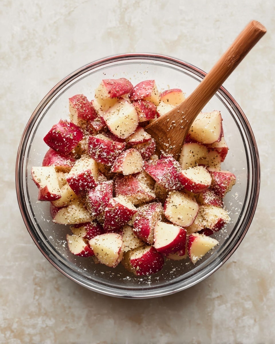 A clear glass bowl filled with medium-sized chunks of red-skinned potatoes with the white flesh visible, scattered evenly throughout. The potatoes are sprinkled with a light dusting of grated cheese and specks of black pepper, creating a contrast of white and black on the potato pieces. A wooden stirring spoon is placed inside the bowl, with its handle leaning out to the right side. The bowl sits on a white marbled surface, showing a clean and simple background. Photo taken with an iphone --ar 4:5 --v 7