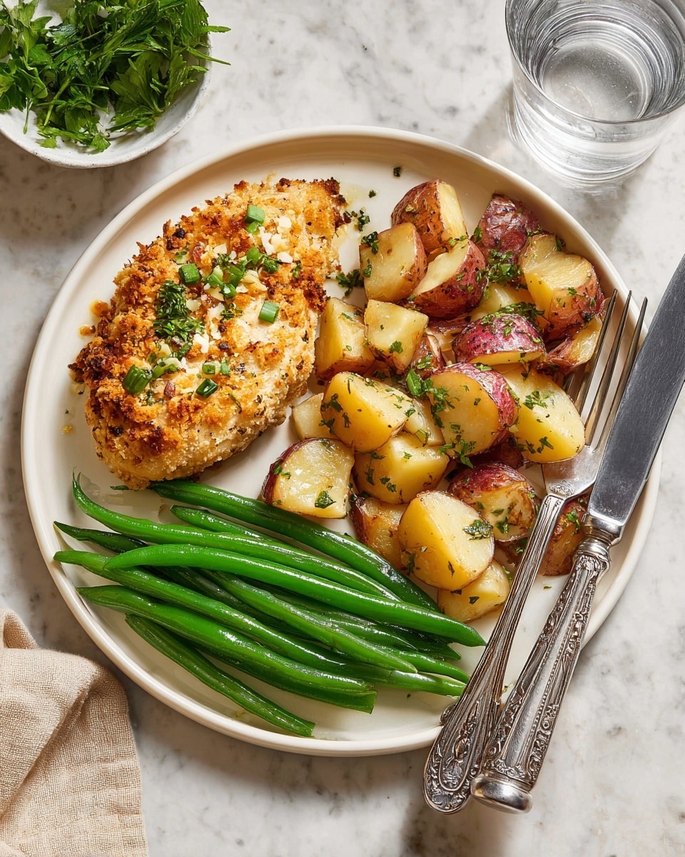 A white plate holds three main layers of food: on the left, a golden-brown crispy coated chicken piece with a crumbly texture and small green herb pieces on top; on the right, a pile of roasted potato chunks with a mix of light yellow insides and reddish skins, sprinkled with chopped herbs; below the chicken and potatoes, a neat bundle of shiny, bright green steamed green beans arranged neatly. On the right side of the plate, a silver knife and fork with ornate handles rest parallel to each other. The plate sits on a white marbled surface, with a clear glass of water and some fresh green herbs in a small white bowl nearby. photo taken with an iphone --ar 4:5 --v 7