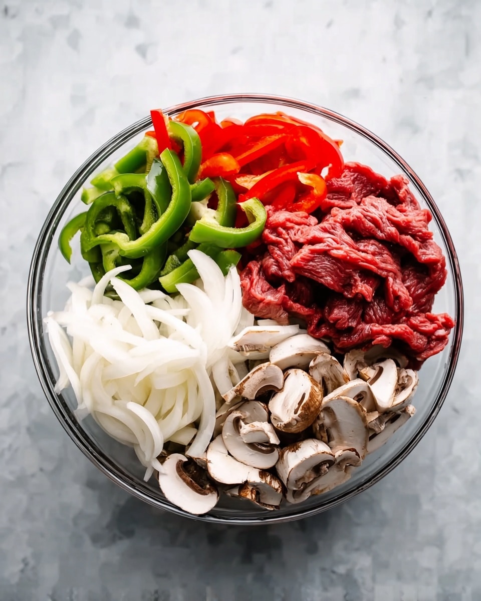 A clear glass bowl sits on a white marbled surface, filled with four layers of ingredients placed side by side. On the top right, there is raw red beef cut into thin strips, showing a rich deep red color. Next to the beef, on the top left side, are bright green bell pepper strips mixed with some red pepper strips, creating a fresh and colorful look. Below the peppers, on the bottom left, are white onion slices arranged in curved layers. On the bottom right, there is a pile of sliced brown mushrooms with white undersides, adding an earthy tone to the mix. Photo taken with an iphone --ar 4:5 --v 7