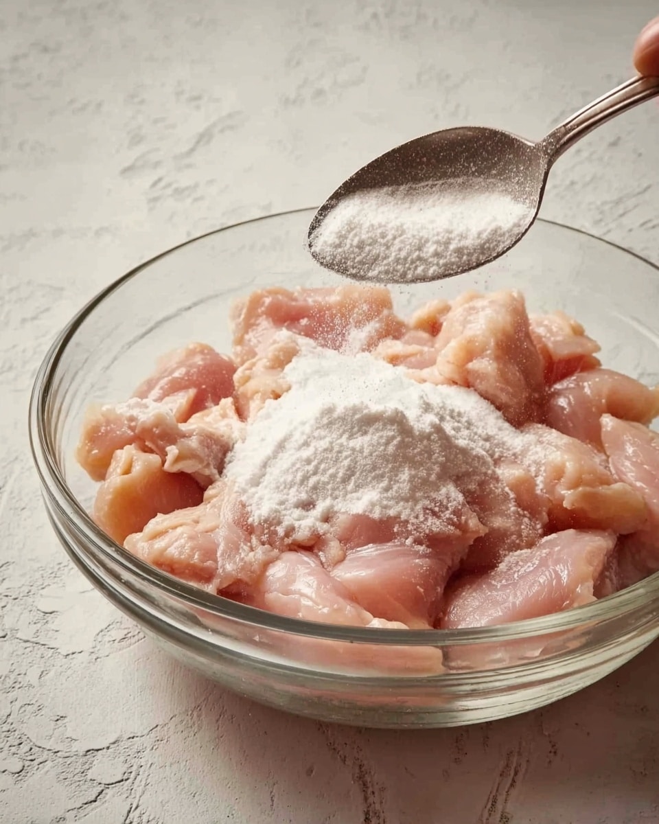 A clear glass bowl filled with pieces of raw pale pink chicken placed unevenly inside it. A woman's hand holds a silver spoon above the bowl, pouring fine white powder over the raw chicken. The background surface is a white marbled texture. The lighting is soft and natural, creating a simple cooking scene photo taken with an iphone --ar 4:5 --v 7