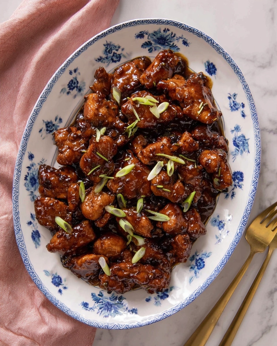 A white oval plate with blue floral and fruit patterns holds a pile of dark brown chicken pieces covered in thick glossy sauce. The chicken looks tender and shiny with some small white and green onion slices scattered on top. The plate is placed on a white marbled surface, partly covered by a soft pink cloth on the left side. To the right, there is a golden spoon and fork shining under the light. The overall look is warm and inviting, showing the rich texture of the sauced chicken. photo taken with an iphone --ar 4:5 --v 7