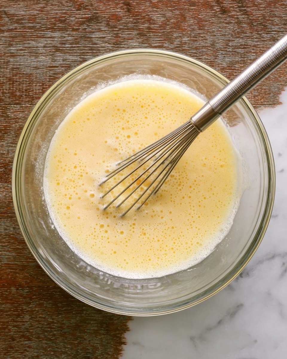 A clear glass bowl containing a light yellow, slightly frothy mixture with a soft texture sits on a white marbled surface. Inside the bowl, a metal whisk with thin wires rests partially inside the mixture, ready to be used for stirring. The mixture looks smooth but with small bubbles and a creamy appearance. Photo taken with an iphone --ar 4:5 --v 7