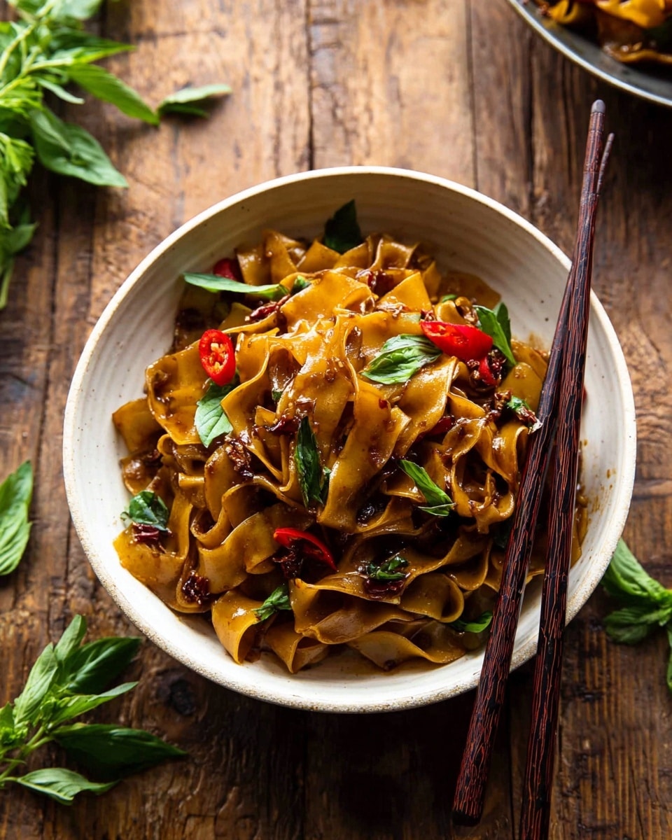 The image shows a white bowl filled with a pile of wide, flat noodles coated in a glossy, dark brown sauce. The noodles are mixed with bright red chili slices and small green basil leaves, adding bursts of color on top and throughout. The noodles look soft and slightly twisted, creating a layered texture. A pair of dark brown chopsticks rests on the edge of the bowl, leaning to the left. The bowl sits on a wooden surface, with some fresh green herbs scattered around nearby. The overall look is warm and inviting, with a rustic feel. photo taken with an iphone --ar 4:5 --v 7