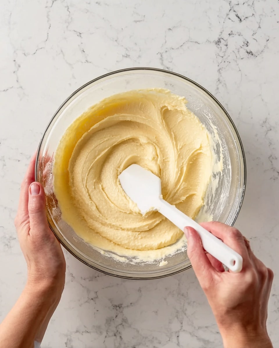 A clear glass bowl holds a smooth, pale yellow batter with a creamy texture, slightly thick and softly ridged from stirring. A white spatula with batter on it rests inside the bowl, gently lifting the mixture. A woman's left hand holds the bowl steady from the side, while the woman's right hand uses the spatula to mix. The bowl sits on a white marbled surface that has gray veins running through it. The scene is bright and clean, focusing closely on the batter and the mixing motion, photo taken with an iphone --ar 4:5 --v 7