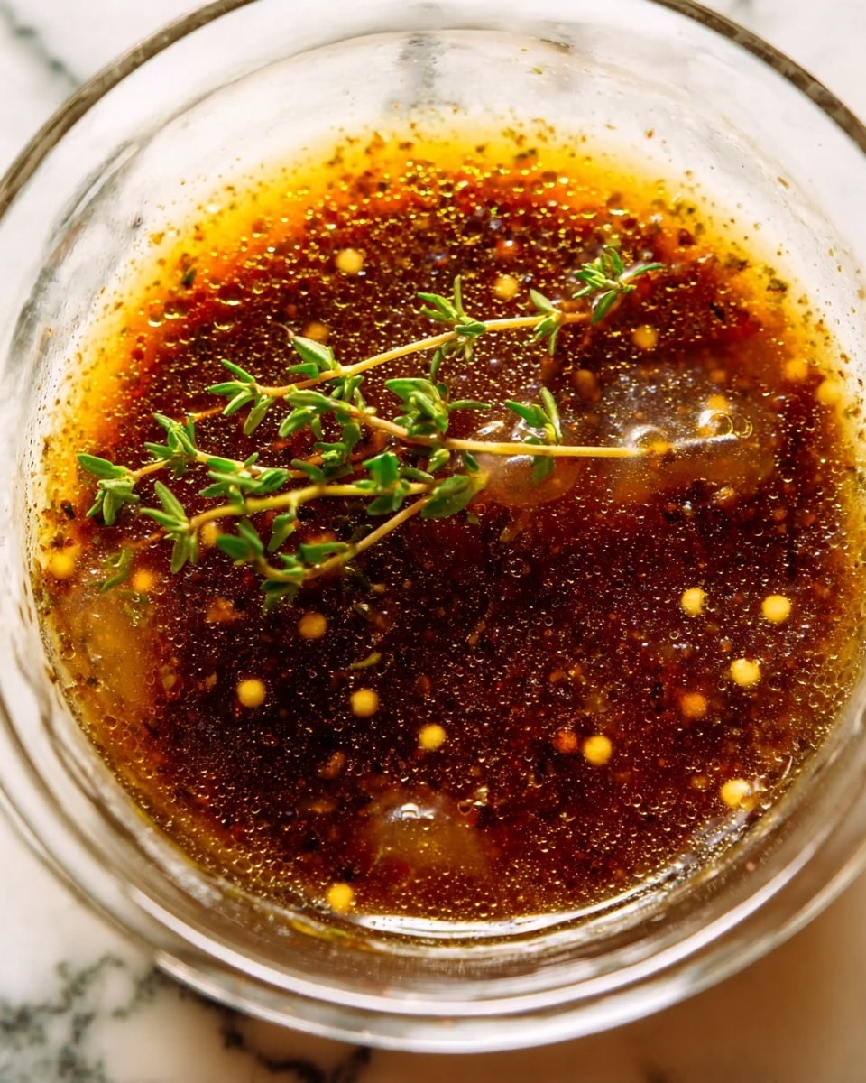 A clear glass bowl contains a dark brown sauce with visible small yellow mustard seeds and small bubbles throughout, giving the sauce a textured look. A fresh sprig of green thyme lies gently on top of the sauce, adding a contrasting natural green element. The bowl sits on a white marbled surface, and the image is closely focused on the sauce inside the bowl. photo taken with an iphone --ar 4:5 --v 7