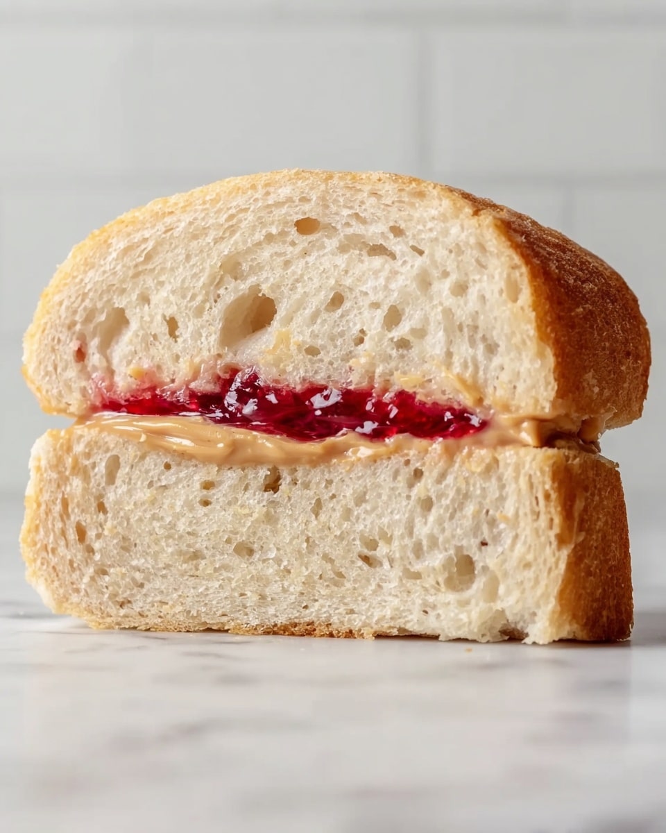 The image shows a close-up of a sandwich cut in half, sitting on a white marbled surface. The sandwich bread is light brown with a soft, fluffy texture and small air holes inside. The sandwich has two visible layers: a thin layer of red jelly near the bottom and a thicker layer of creamy peanut butter above it. The layers spread smoothly but not too thick, making the sandwich look simple and fresh. photo taken with an iphone --ar 4:5 --v 7